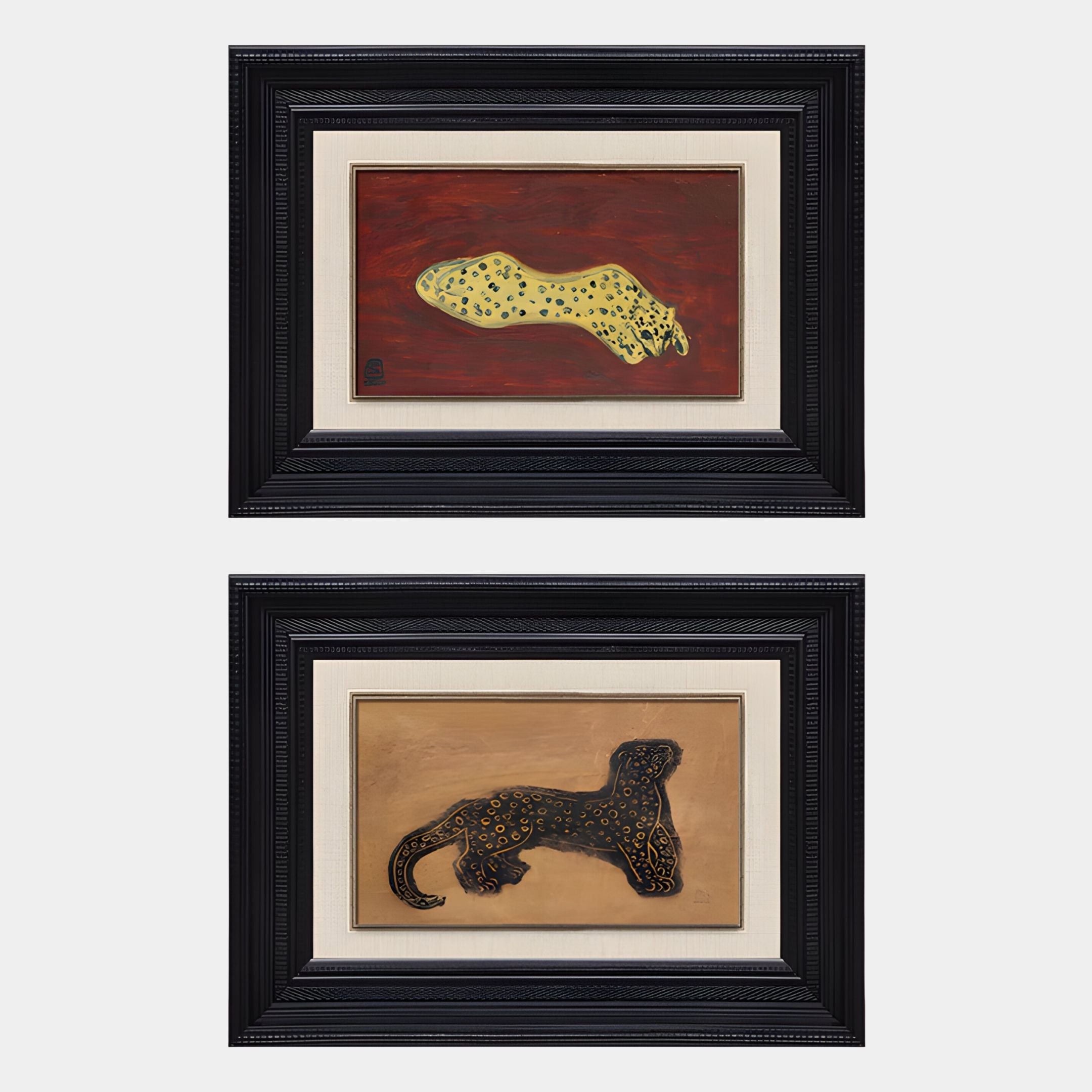 The Kansora Leopard Emblem 2-Set Framed Wall Art by Giant Sculptures features animal designs: a yellow abstract animal on red above a detailed leopard emblem on tan, both in black frames with cream mats.