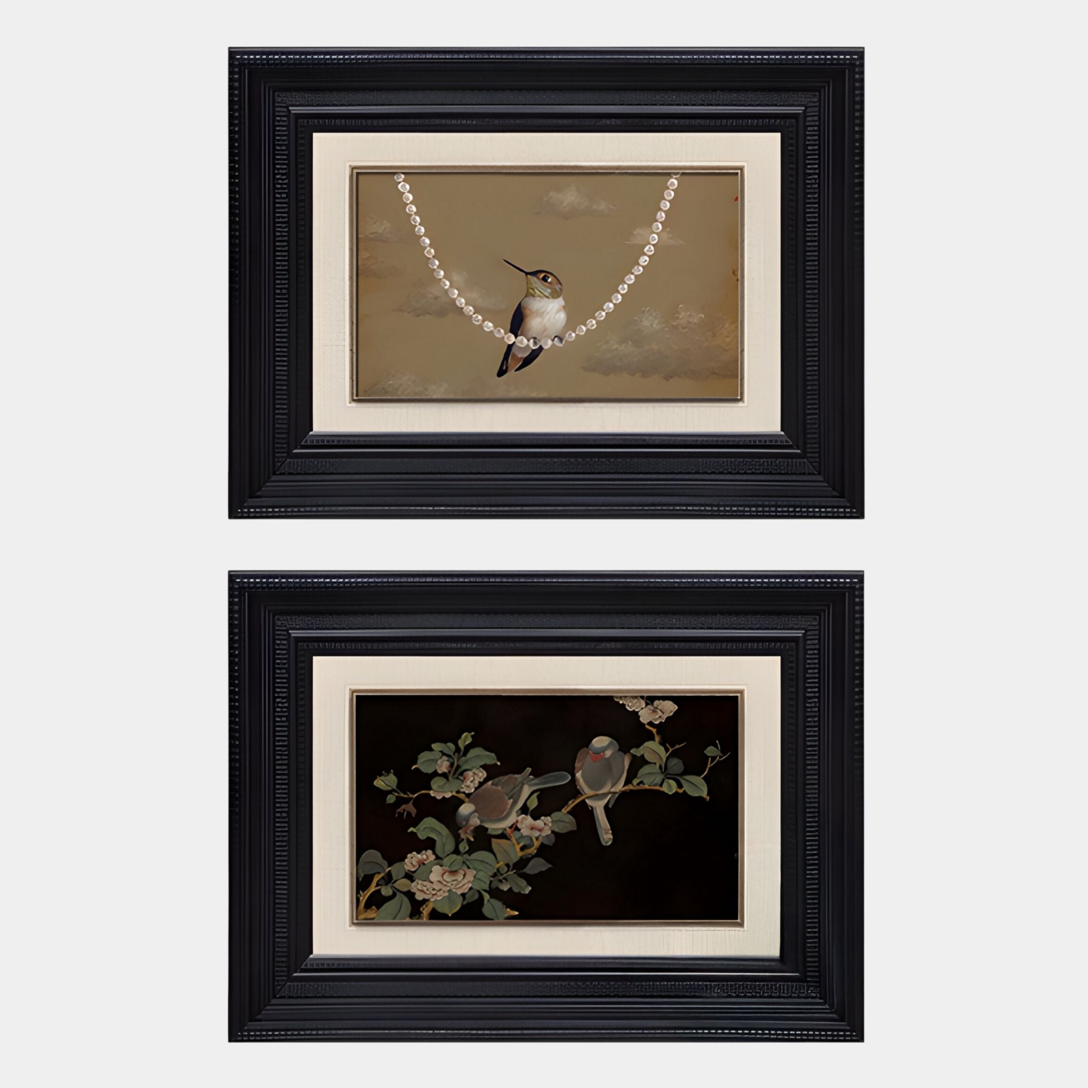 The Kansora Songbird Pearl & Branch 2-Set Framed Wall Art by Giant Sculptures features a hummingbird on a pearl necklace with clouds and three songbirds on a flowering branch, creating elegant botanical decor for any space.