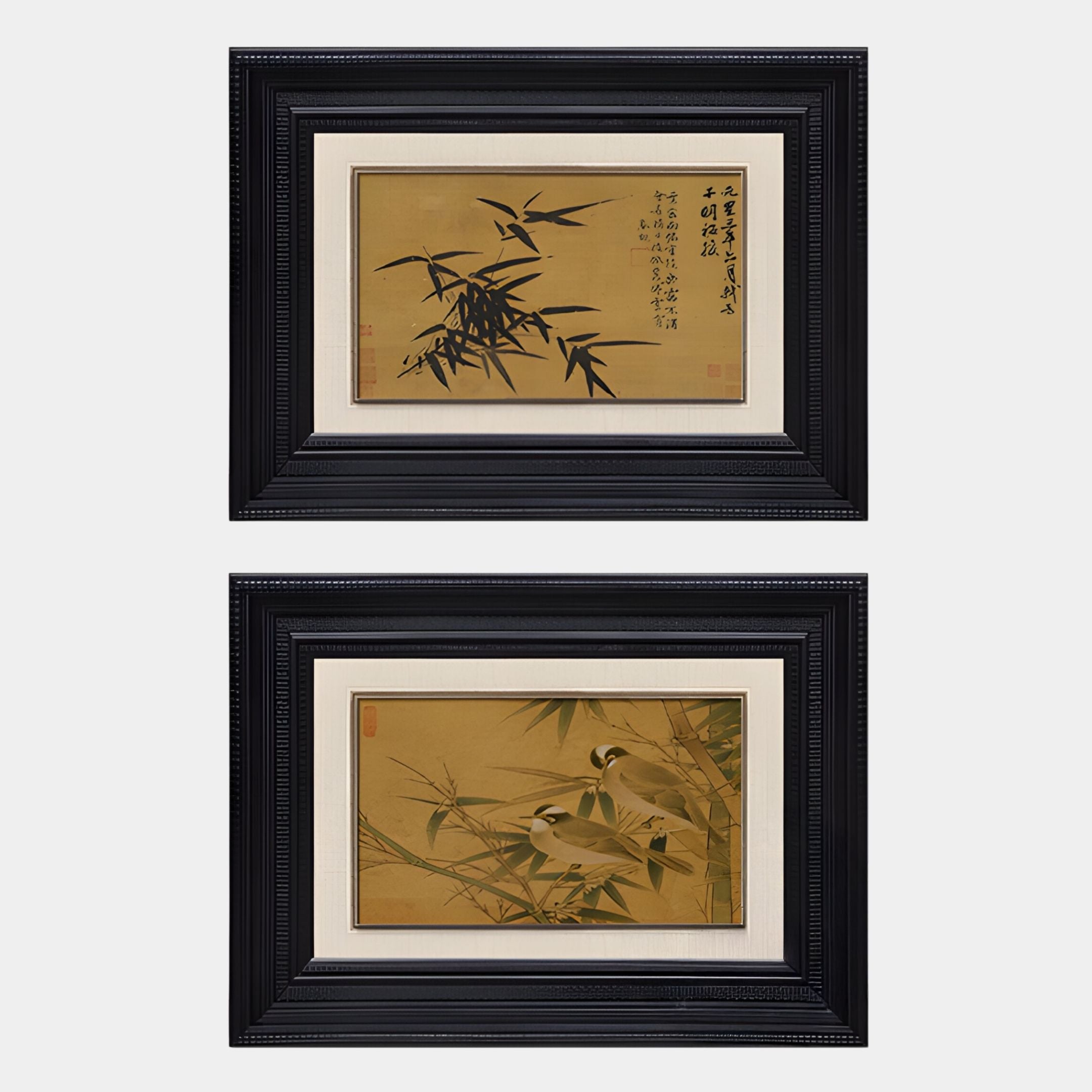 The Kansora Bamboo Brushwork Classic 2-Set Framed Wall Art by Giant Sculptures features black-framed pieces with cream mats—one with bamboo and calligraphy, the other with birds on bamboo—ideal for East Asian art lovers.