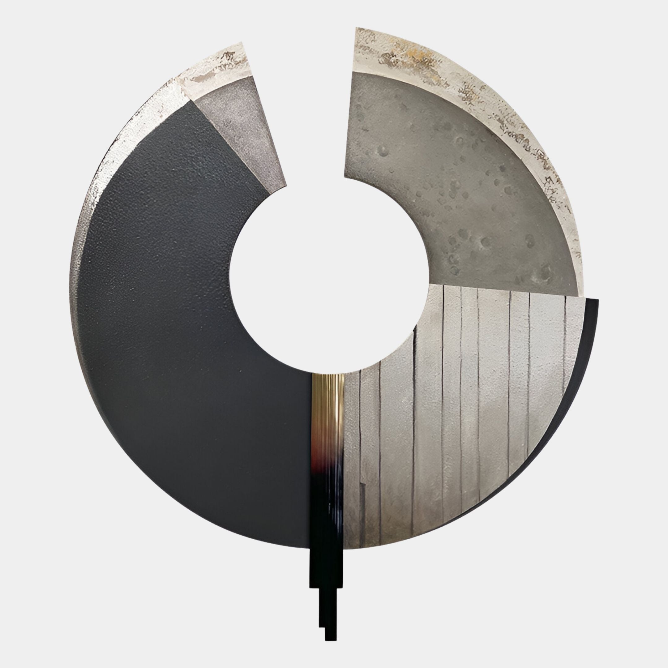 The Vortaryn Charcoal & Concrete Circle Sculptural 3D Wall Art by Giant Sculptures features four textured segments—black, gray, metallic, and striped—with a top gap and a black vertical bar below for a striking 3D effect on white.