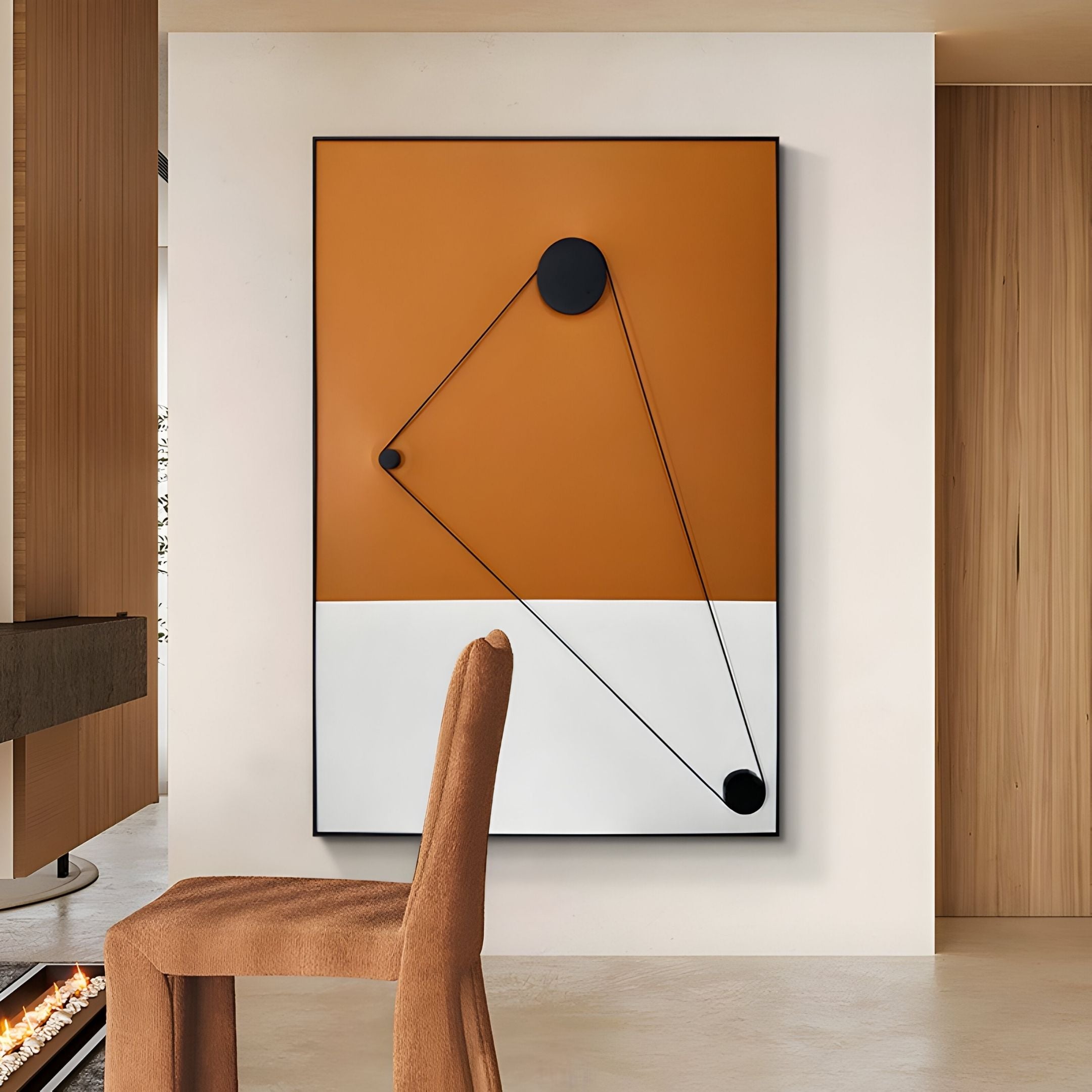 The Linexis Amber Geometric Linework 3D Wall Art by Giant Sculptures features a burnt orange and white design with black circles and linework, complemented by a tan textured chair placed in front for a modern, minimalist look.