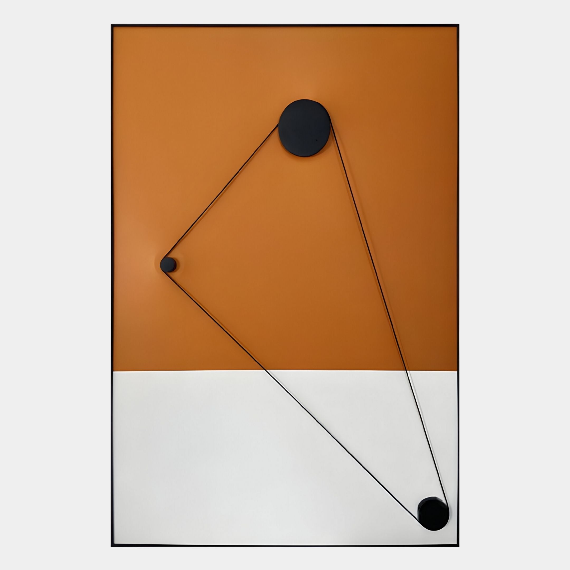 The Linexis Amber Geometric Linework 3D Wall Art by Giant Sculptures features minimalist brown and white halves, intersected by three black circles connected with fine lines in a triangular geometric design.