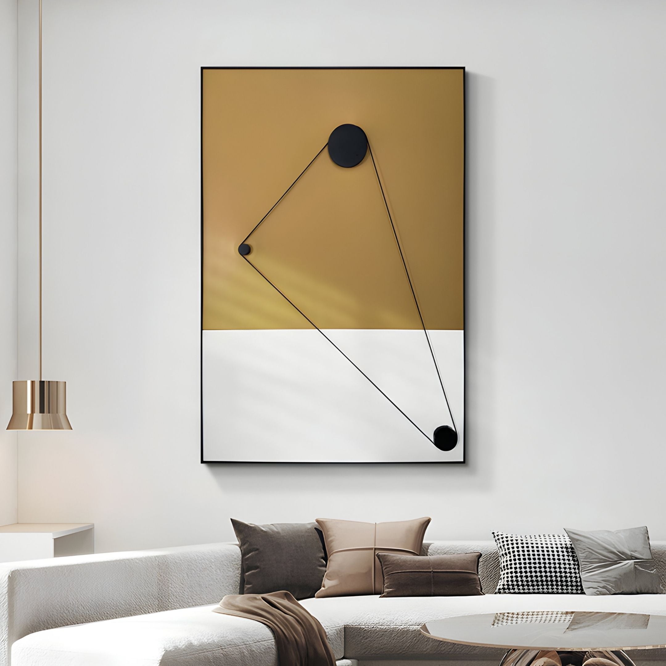 A modern living room with a white sofa, brown and beige cushions, and the Linexis Ochre Geometric Linework 3D Wall Art by Giant Sculptures in gold, white, and black above the sofa. A sleek hanging lamp is on the left.