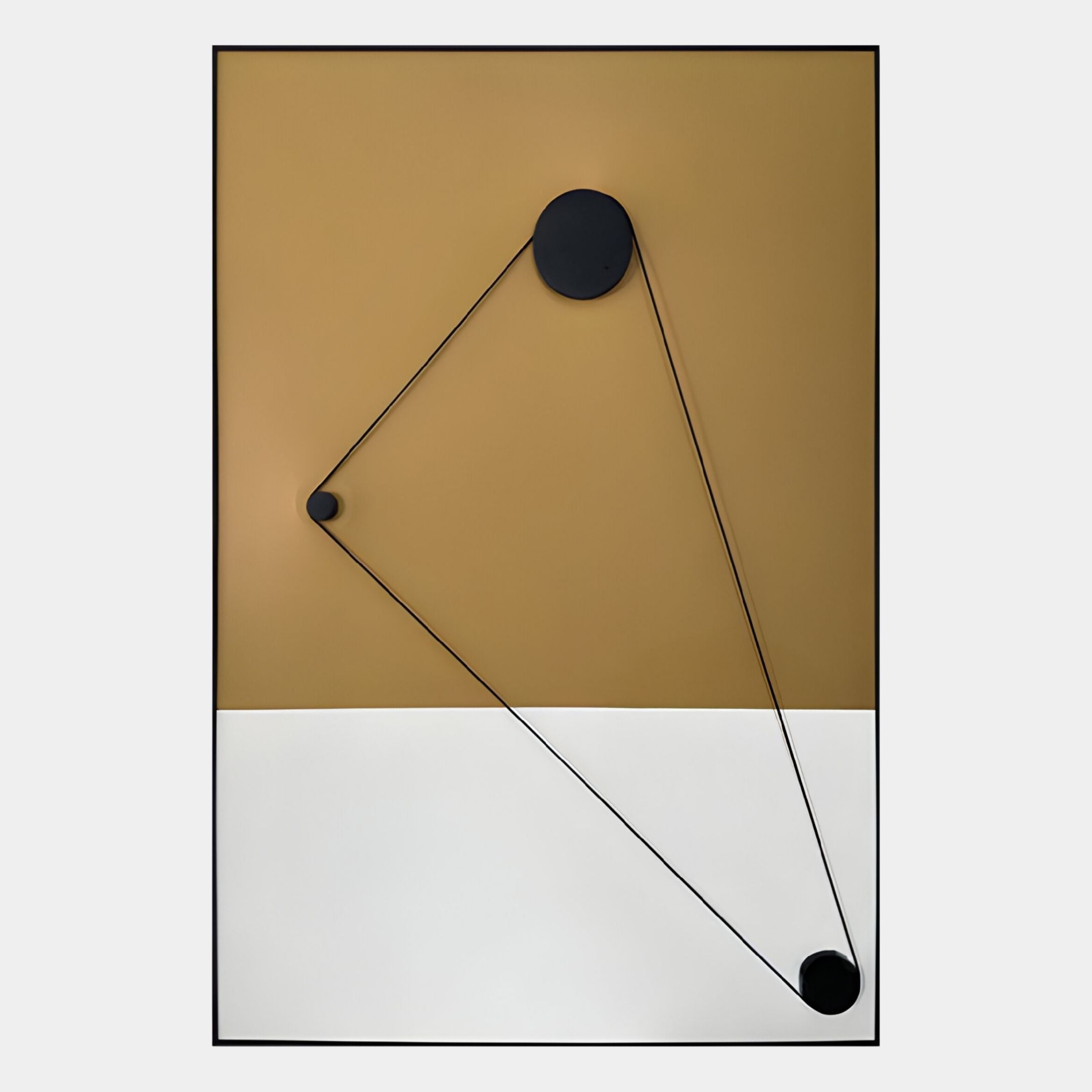 The Linexis Ochre Geometric Linework 3D Wall Art by Giant Sculptures features minimalist contemporary decor with a tan upper half, white lower half, and three black circles linked by thin black lines in an abstract geometric design.