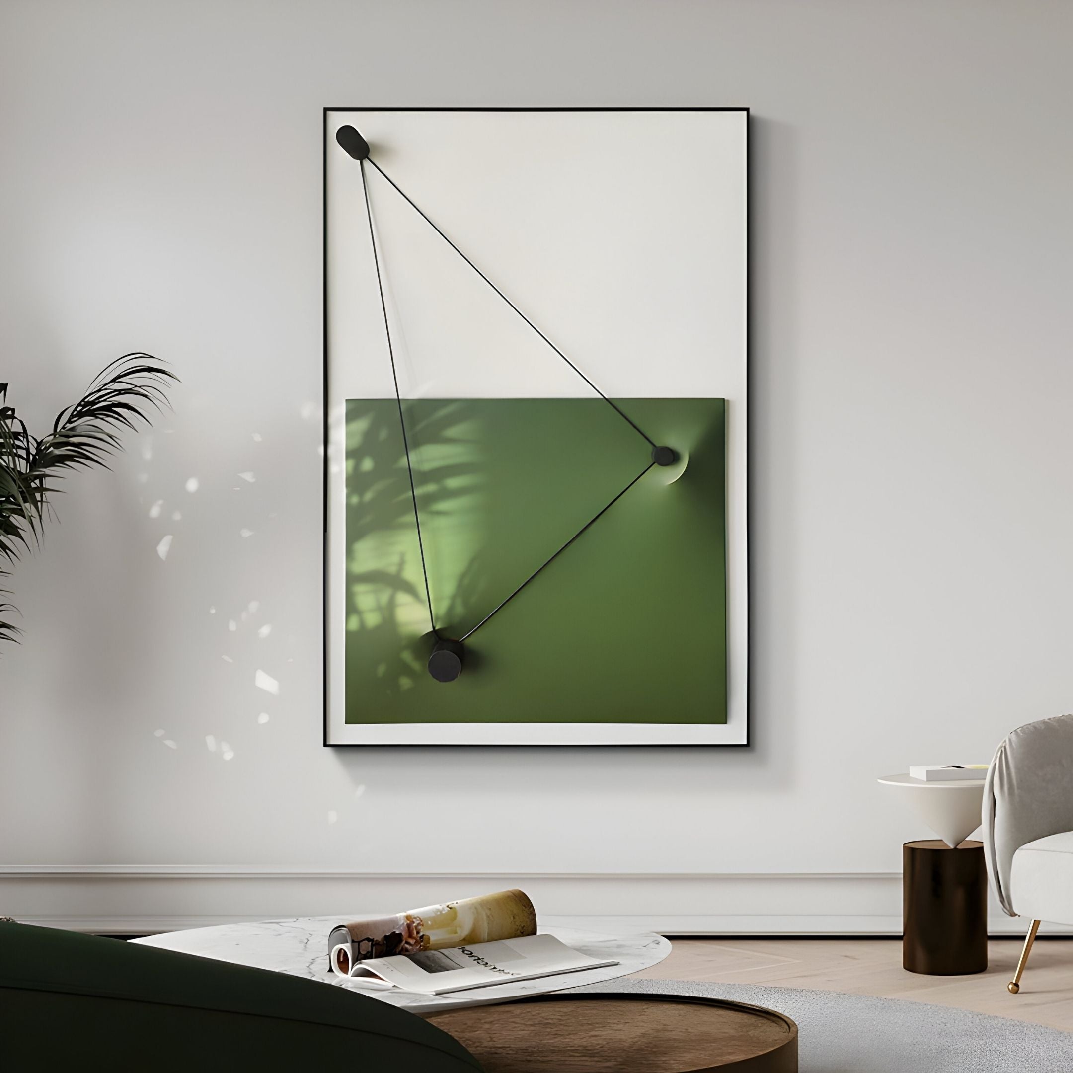 The Linexis Green Geometric Linework 3D Wall Art by Giant Sculptures adds modern style with green and white shapes and bold black lines, shown on a light gray wall in a minimalist living room with a plant, round wooden table, and white chair.