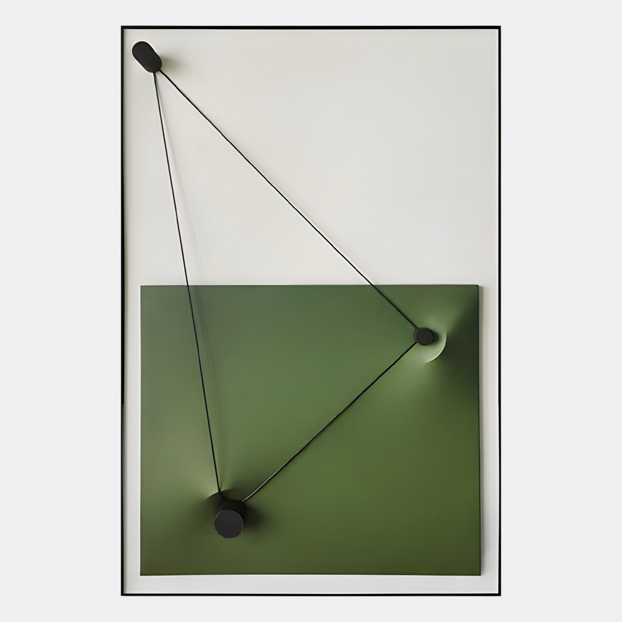 The Linexis Green Geometric Linework 3D Wall Art by Giant Sculptures features a green rectangular panel on white with three black nodes connected by rods in triangular forms, creating bold, minimalist geometry for modern interiors.