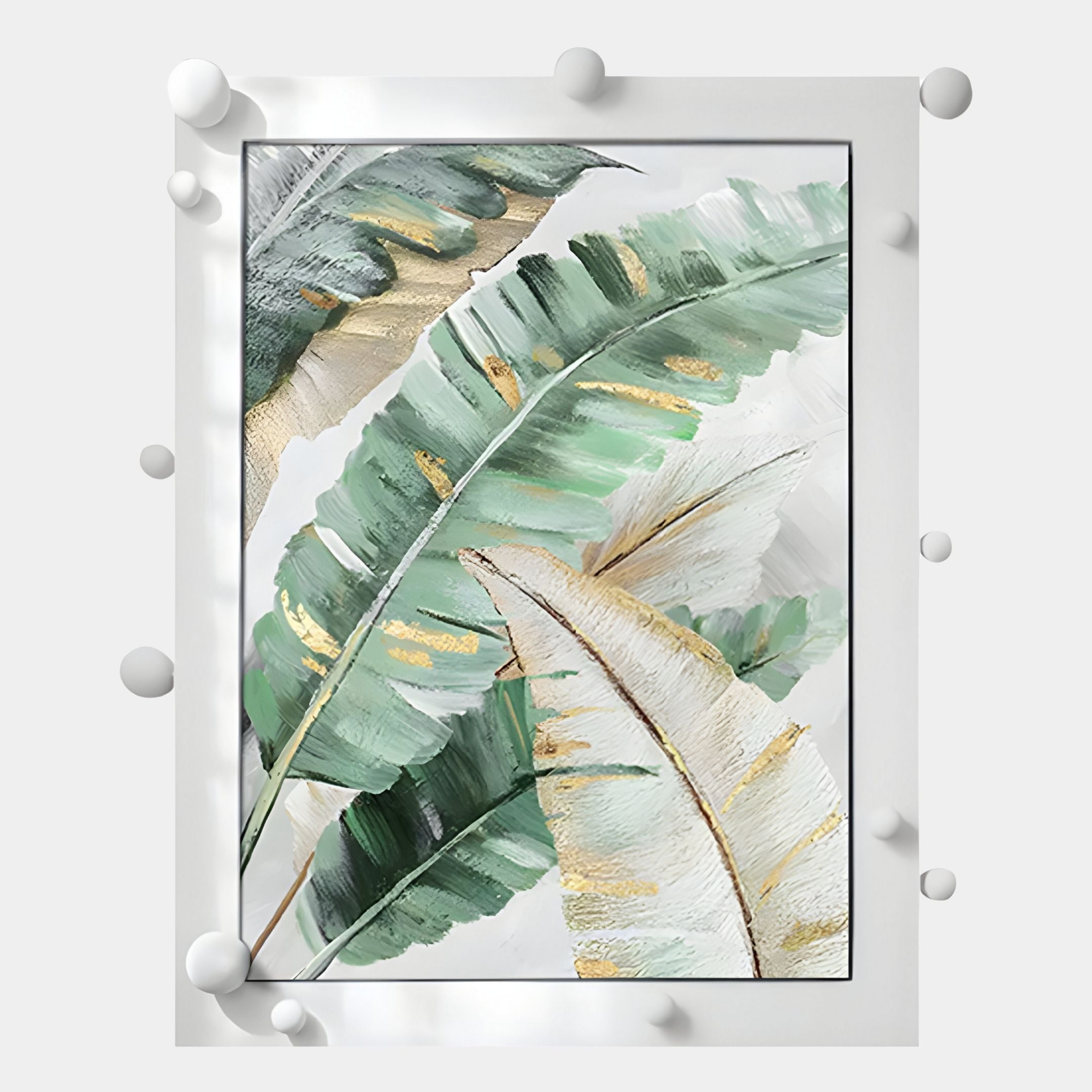Verdantia I Green & Gold Leaf Textured 3D Wall Art by Giant Sculptures features large, overlapping tropical leaves in green, gold, and white tones with framed edges adorned by white 3D spheres.