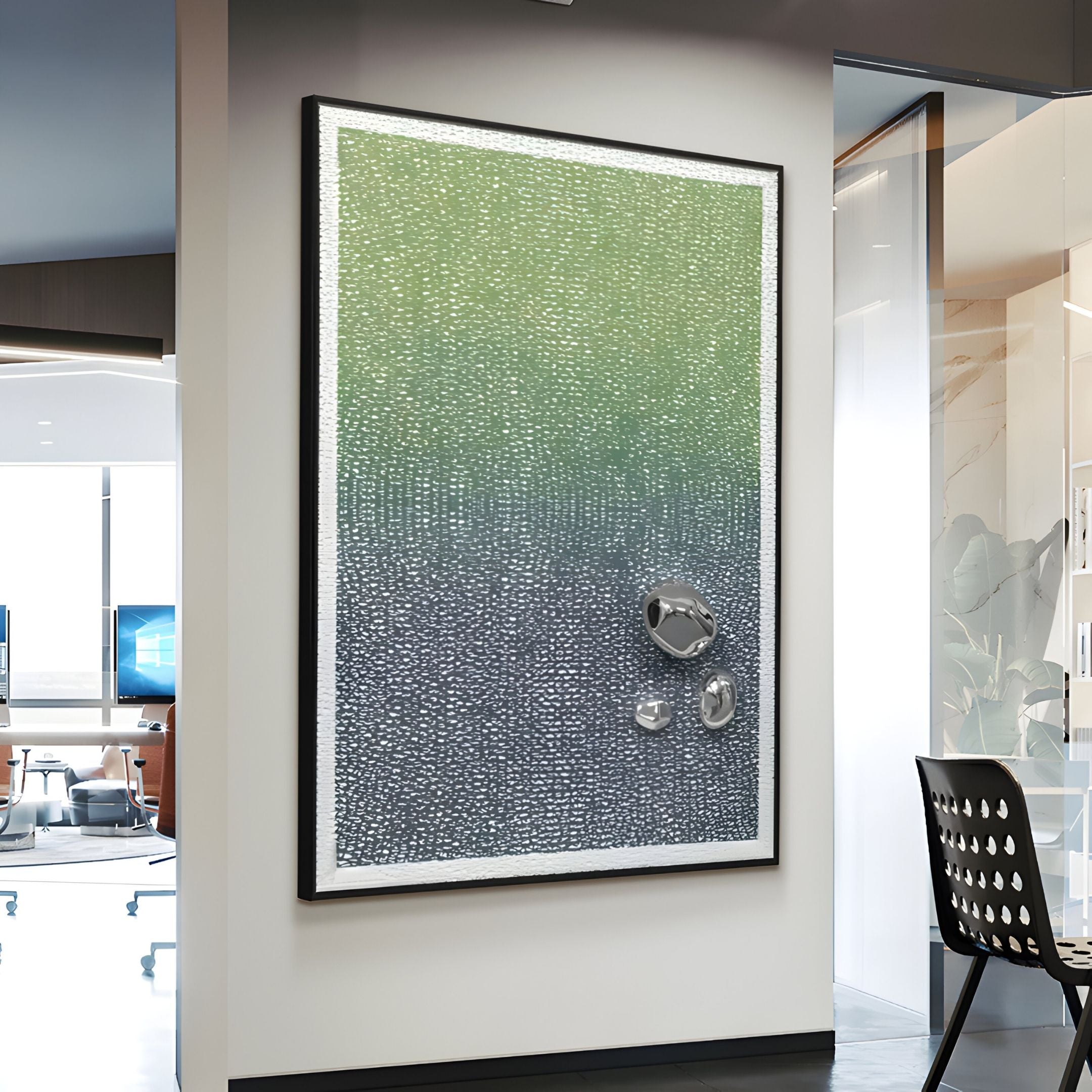 The Lumevara Green Mist Gradient & Chrome Droplet 3D Wall Art by Giant Sculptures features a bold green-to-gray gradient with three chrome droplets, making a striking modern statement on white office walls.
