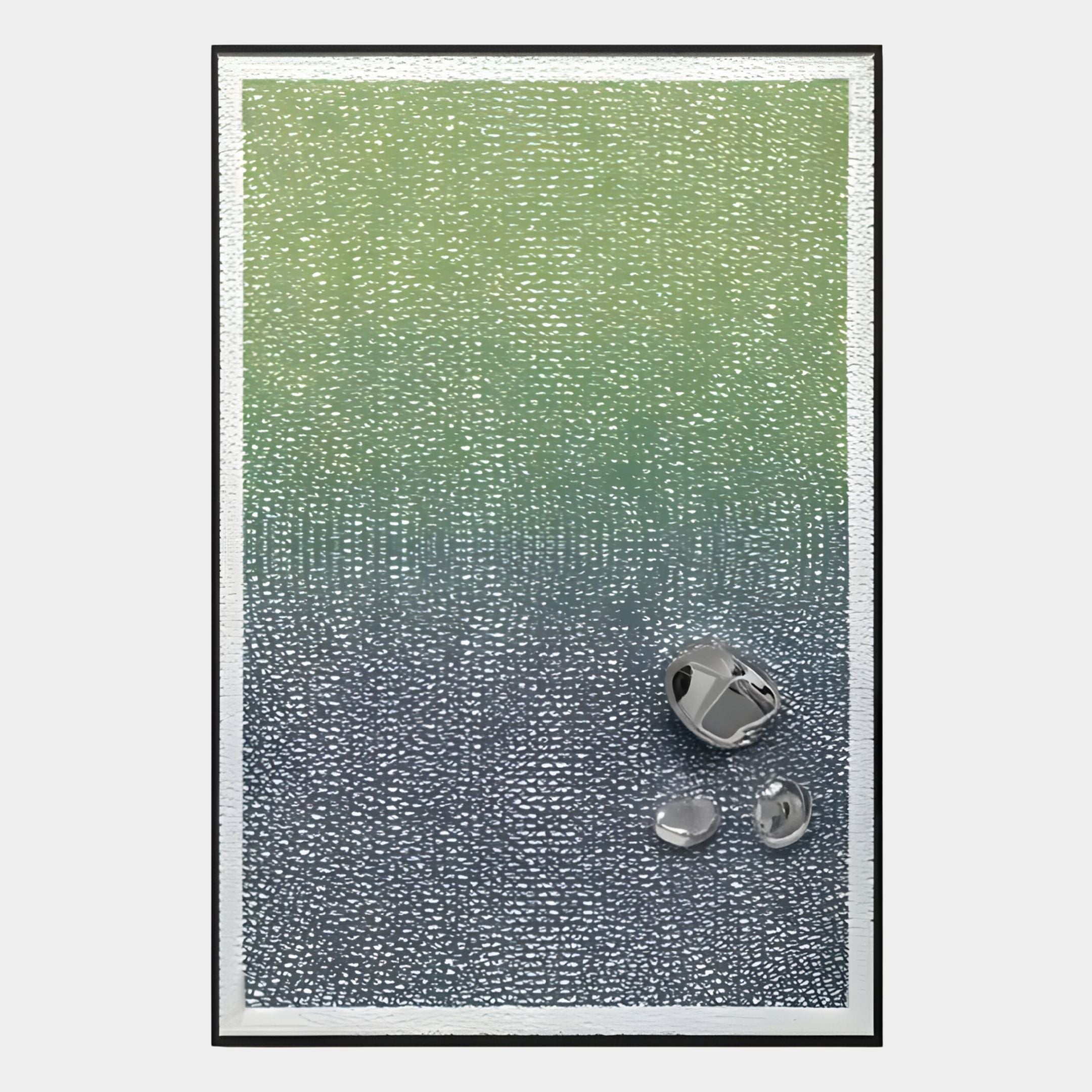 The Lumevara Green Mist Gradient & Chrome Droplet 3D Wall Art by Giant Sculptures features green-to-blue abstract texture with white dots and three chrome droplets, making a striking modern décor piece for any contemporary space.