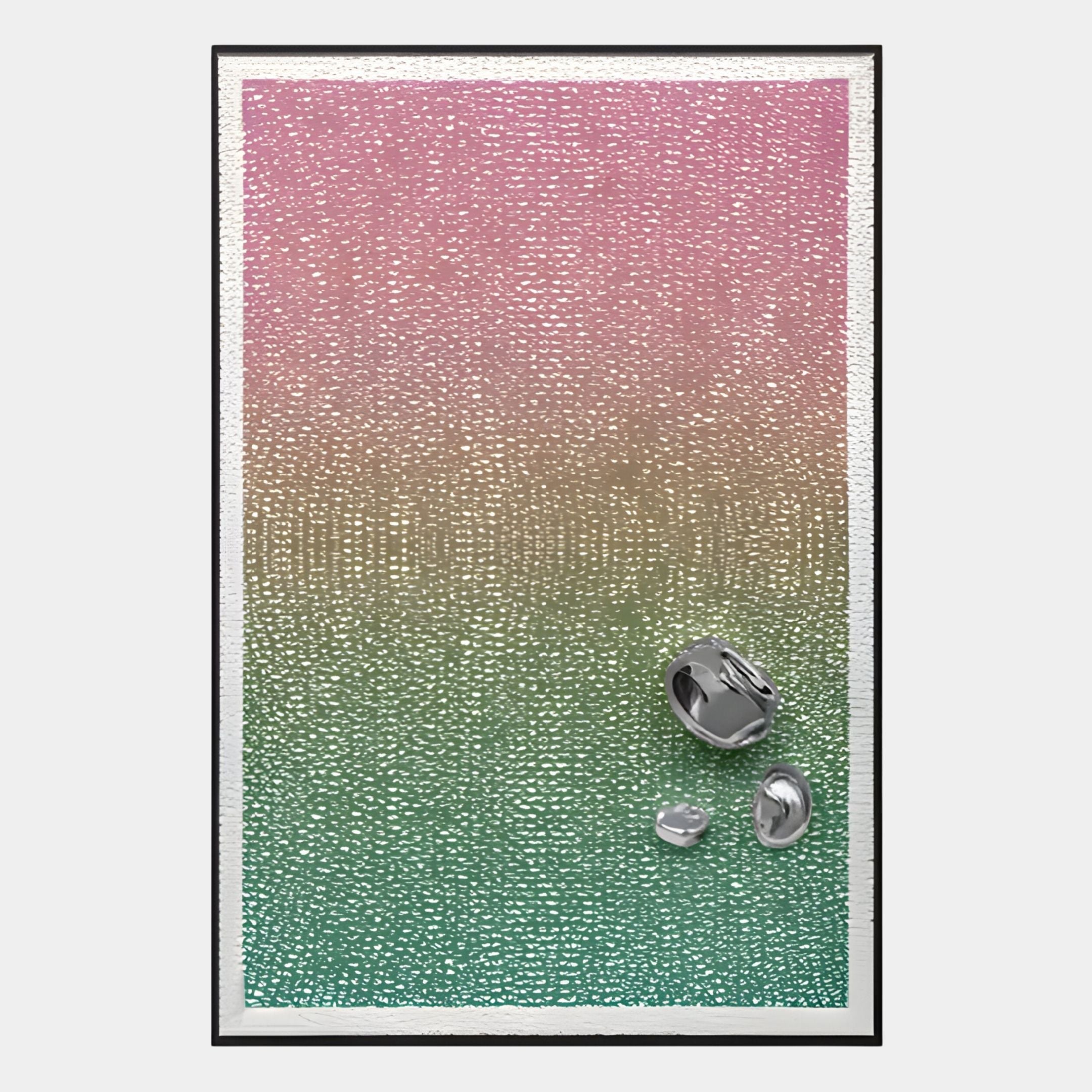 The Lumevara Rose Green Fade Gradient & Chrome Droplet 3D Wall Art by Giant Sculptures features a rectangular board with pink, gold, and green sequin gradients and three chrome droplets near the lower right corner.