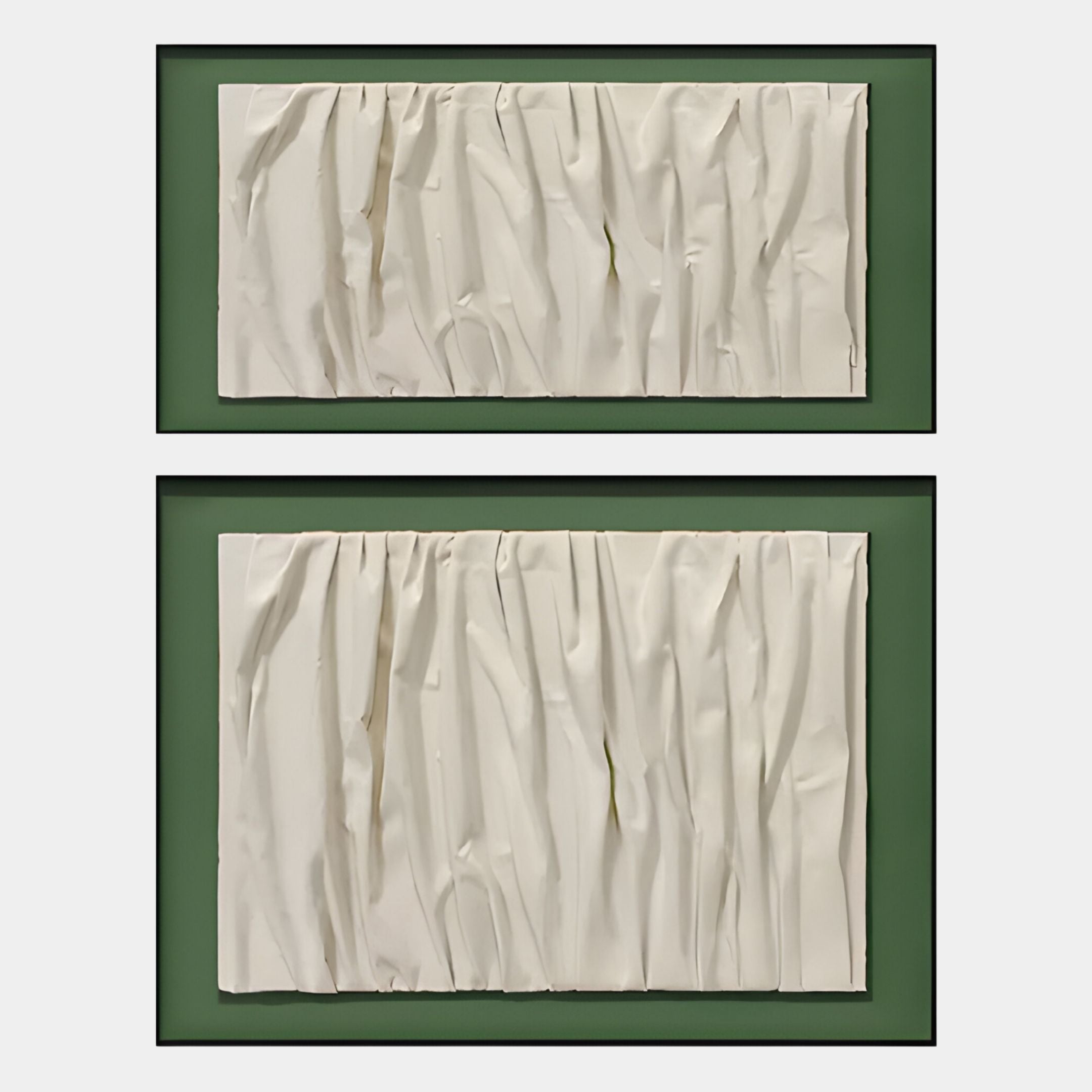 The Foldara Cream & Green Draped Paper Dual-Panel 3D Wall Art by Giant Sculptures features two black-framed panels—one large, one small—with crumpled, cream textures on green backgrounds for a bold modern accent.