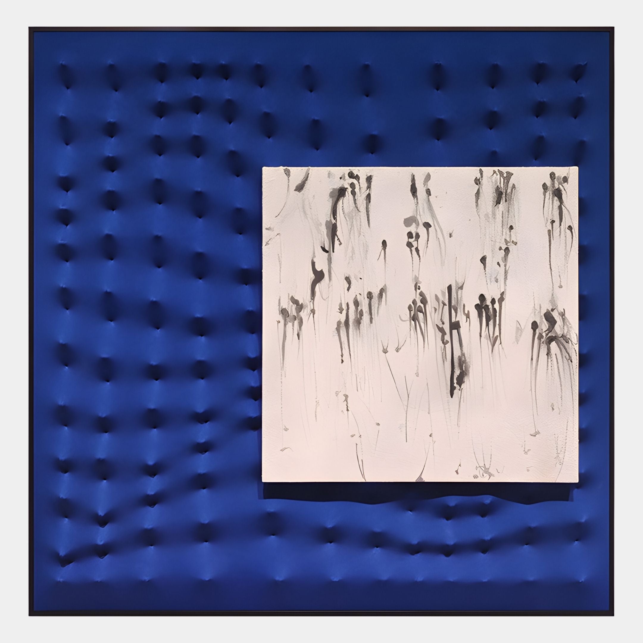 The Loftera Blue Sculpted Fabric & Abstract Canvas 3D Wall Art by Giant Sculptures features a textured blue background with raised bumps and a central white canvas adorned with bold black brushstrokes for a stunning contrast.