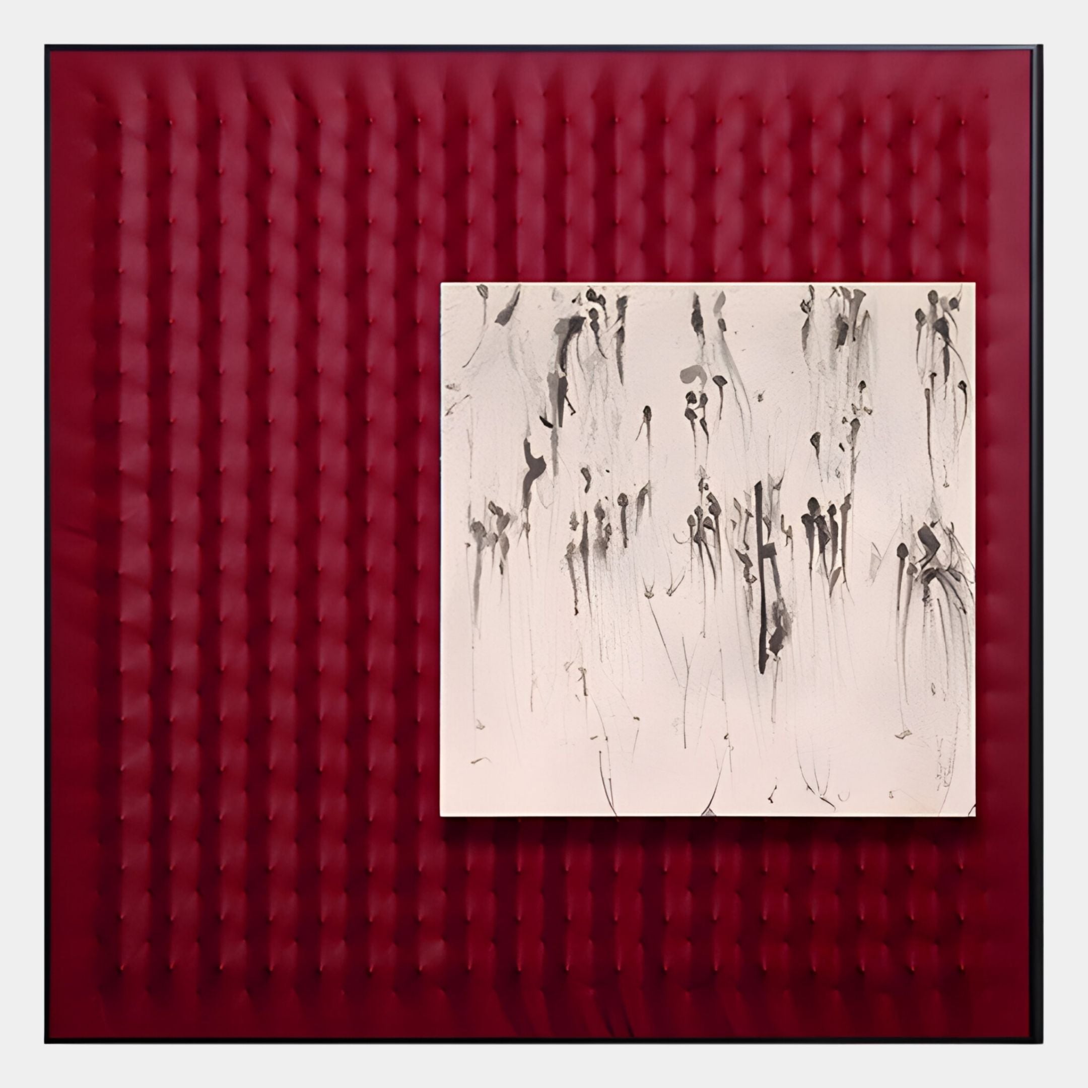 The Loftera Red Grid Sculpted Fabric & Abstract Canvas 3D Wall Art by Giant Sculptures features black ink brushstrokes on a square canvas, set against a textured deep red background with raised dots for a bold minimalist look.