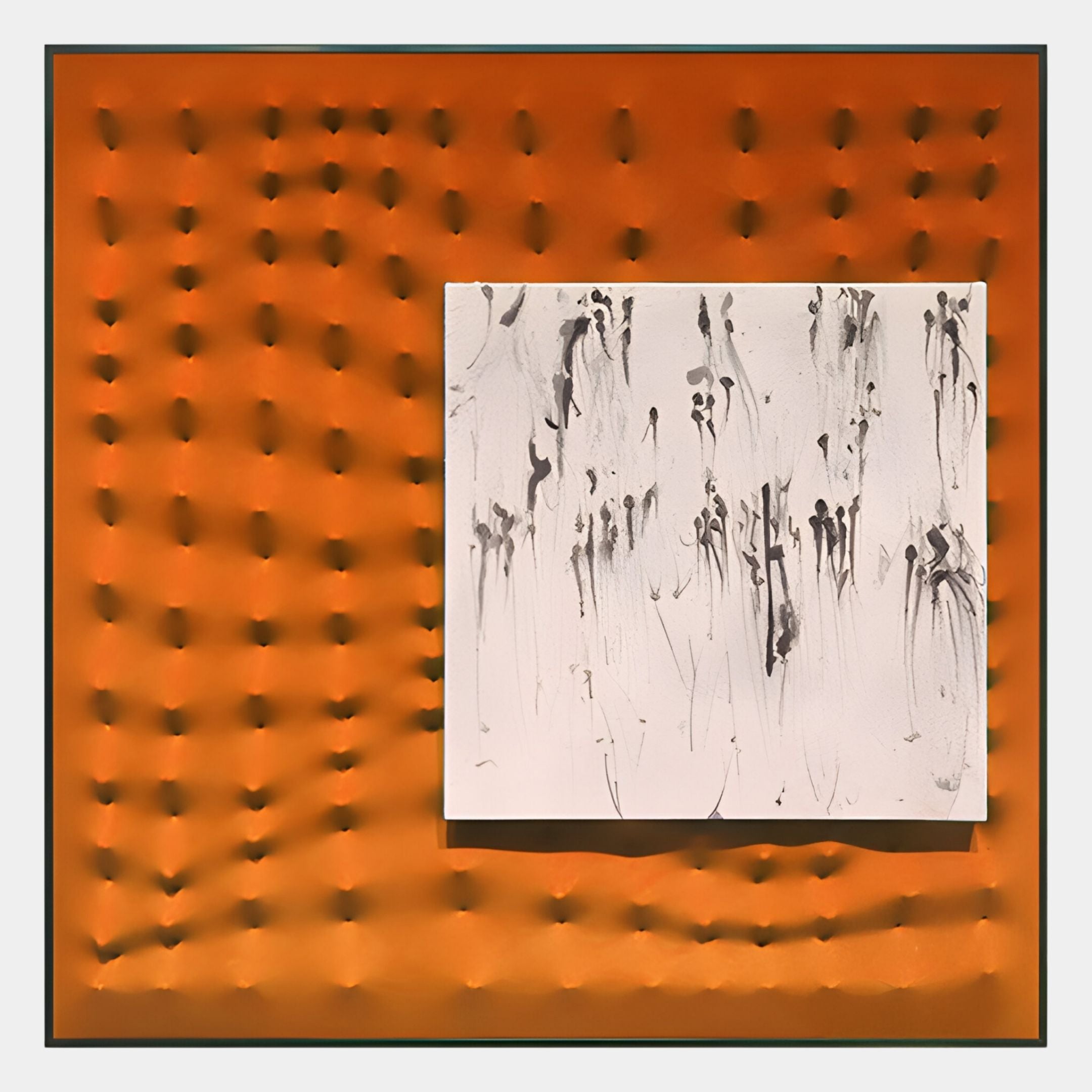 The Loftera Orange Sculpted Fabric & Abstract Canvas 3D Wall Art by Giant Sculptures features a square, raised dimpled orange surface paired with an off-center white canvas with bold black brushstrokes, highlighted by dramatic lighting.