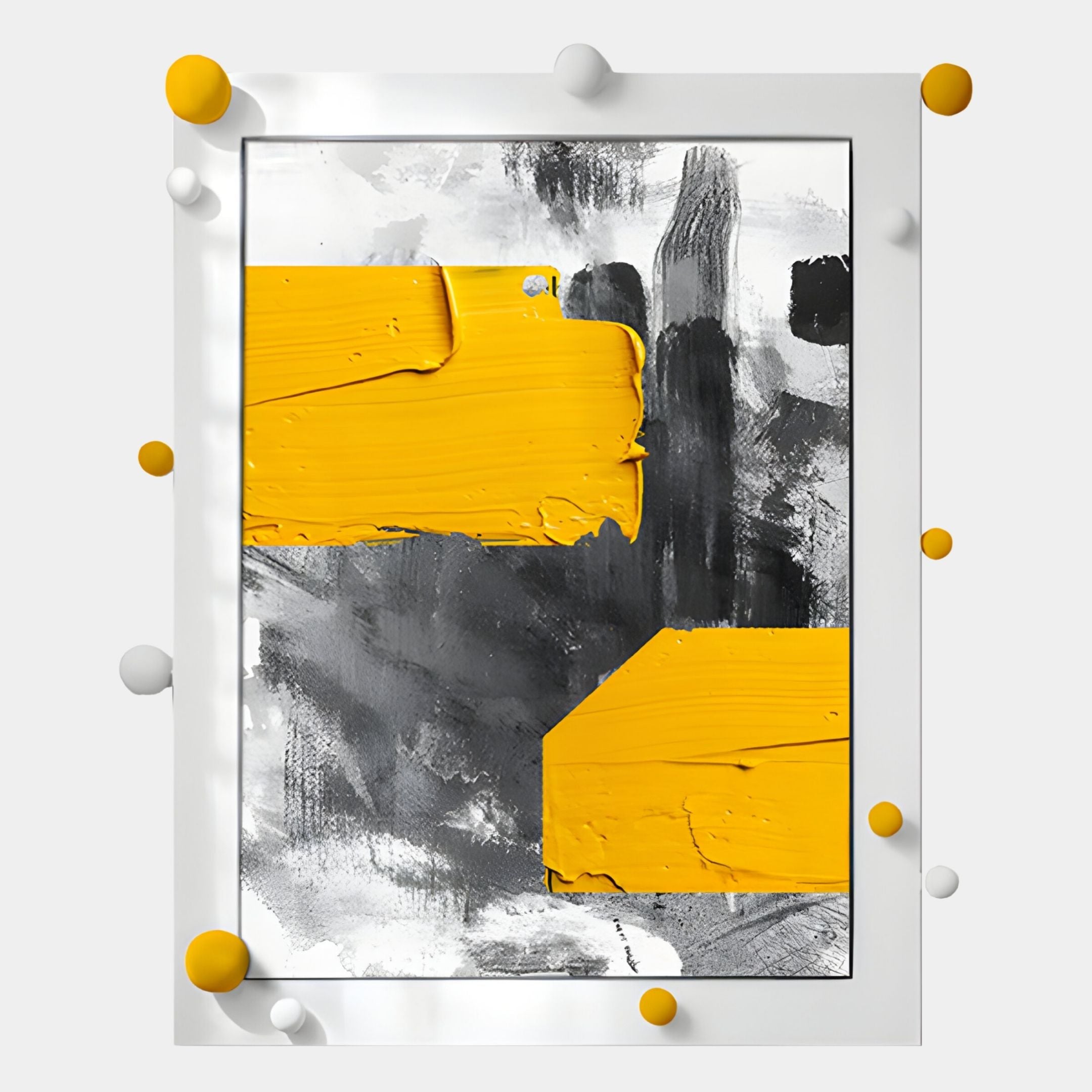 The Vivexa Yellow & Grey Stroke Abstract 3D Wall Art by Giant Sculptures features yellow and white spherical accents and bold yellow brushstrokes over a black and white background in a white frame—ideal for modern interiors.