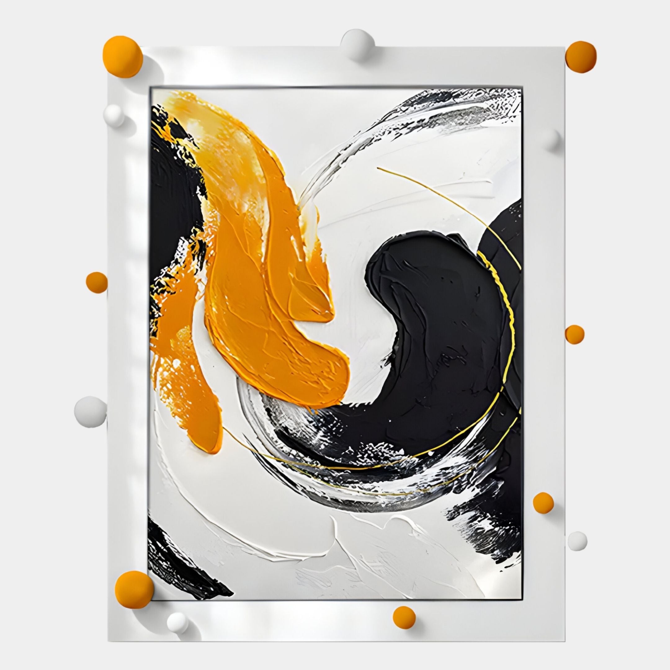 Vivexa Yellow & Black Swirl Motion Abstract 3D Wall Art by Giant Sculptures features bold black, white, and yellow-orange swirls, framed by a white border accented with 3D yellow, orange, and white spheres around the edge.