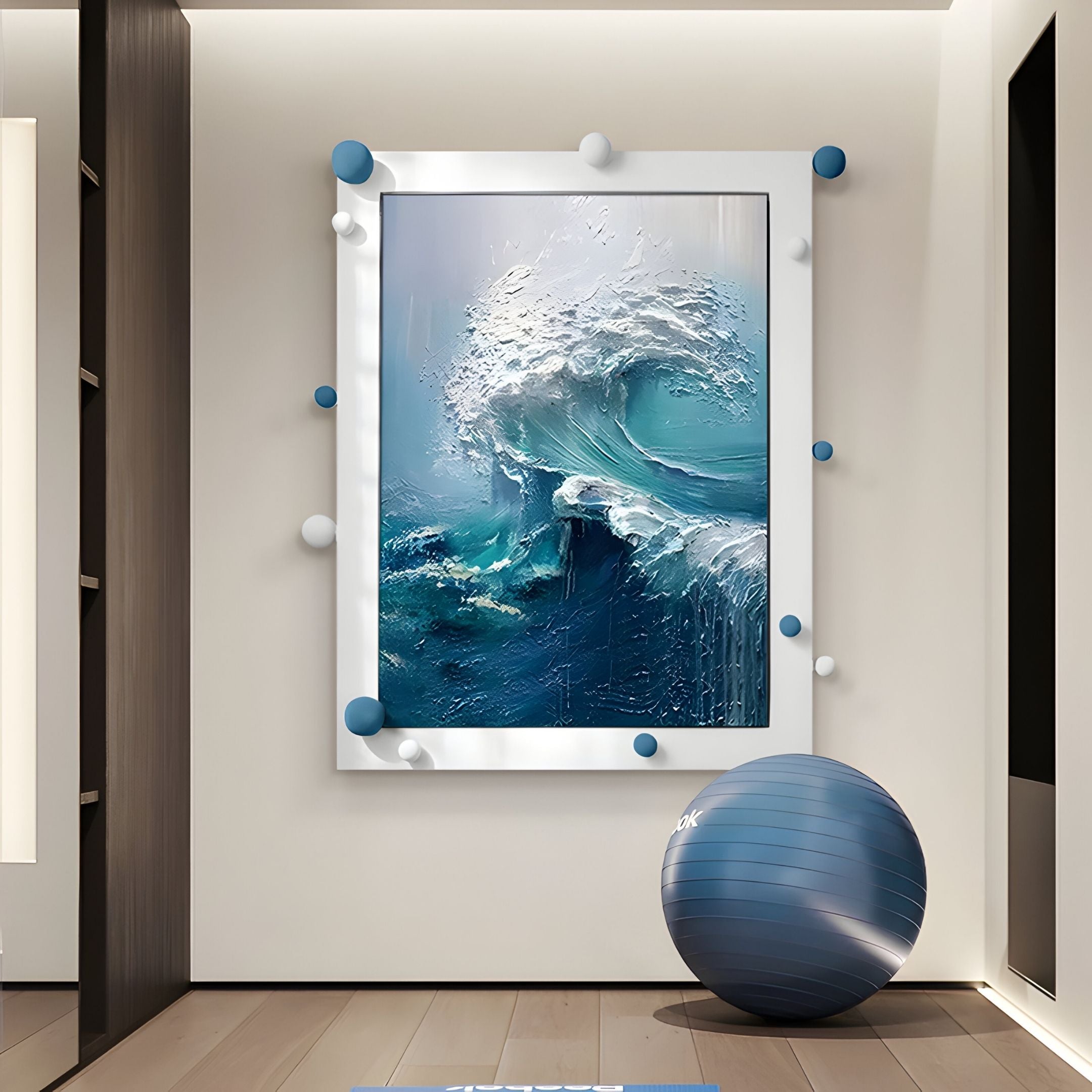 A modern room displays the Vivexa Blue Wave Textured Ocean Abstract 3D Wall Art by Giant Sculptures—its blue and white wave with 3D spheres is complemented by a blue exercise ball on the wooden floor, creating a coastal feel.