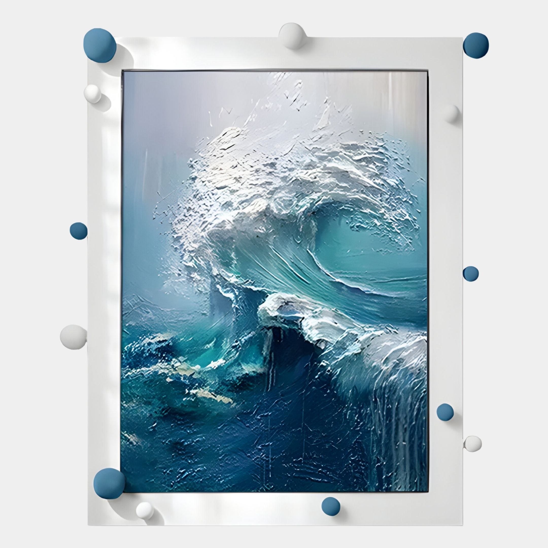 Vivexa Blue Wave Textured Ocean Abstract 3D Wall Art by Giant Sculptures features a large blue and white ocean wave, framed with a white border adorned with small blue and white spheres—a striking piece of modern coastal decor.