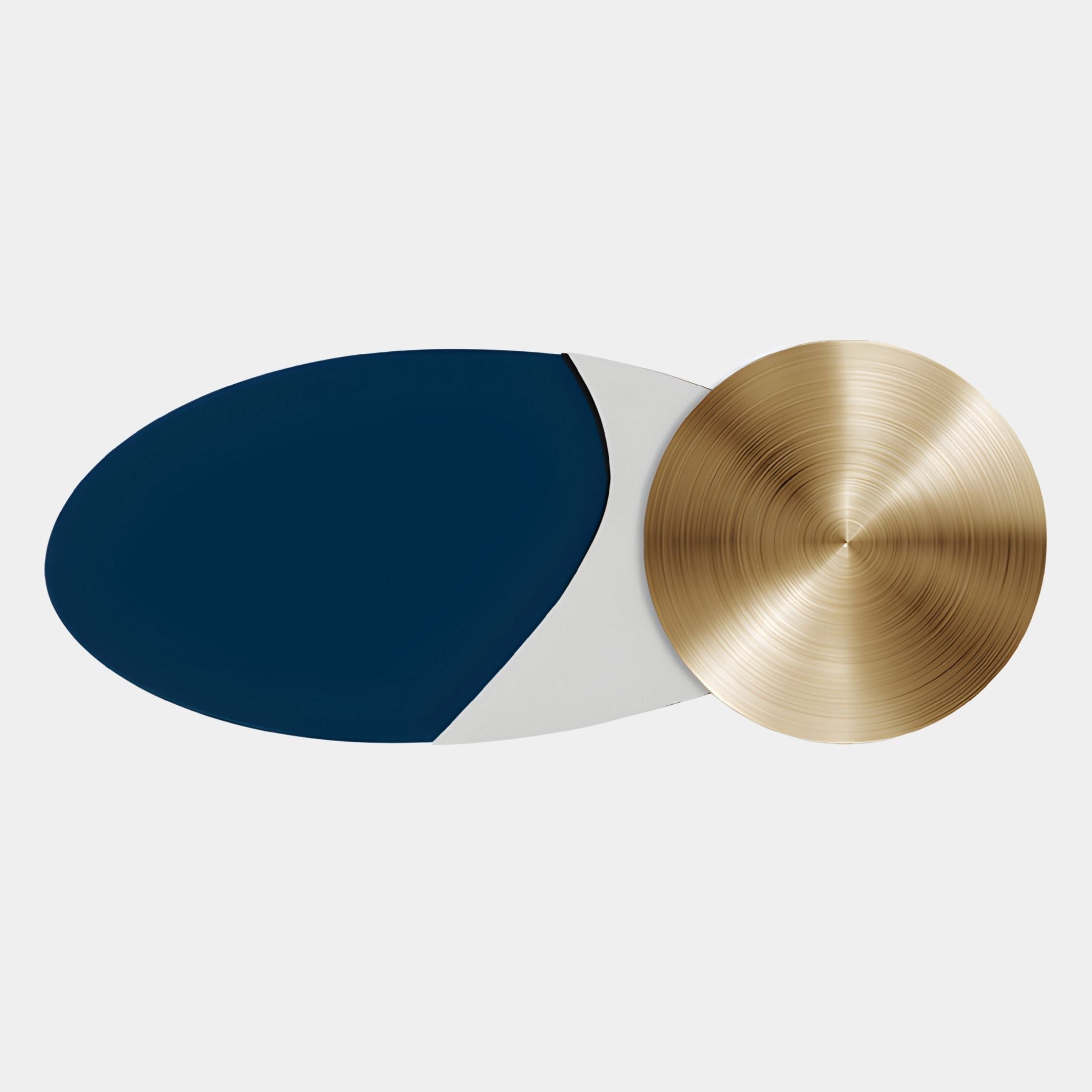 The Aurelune Navy & White Gold Metal Disc 3D Wall Art by Giant Sculptures features a large navy oval and a brushed gold disc on a white background—perfect for modern decor and contemporary art lovers.