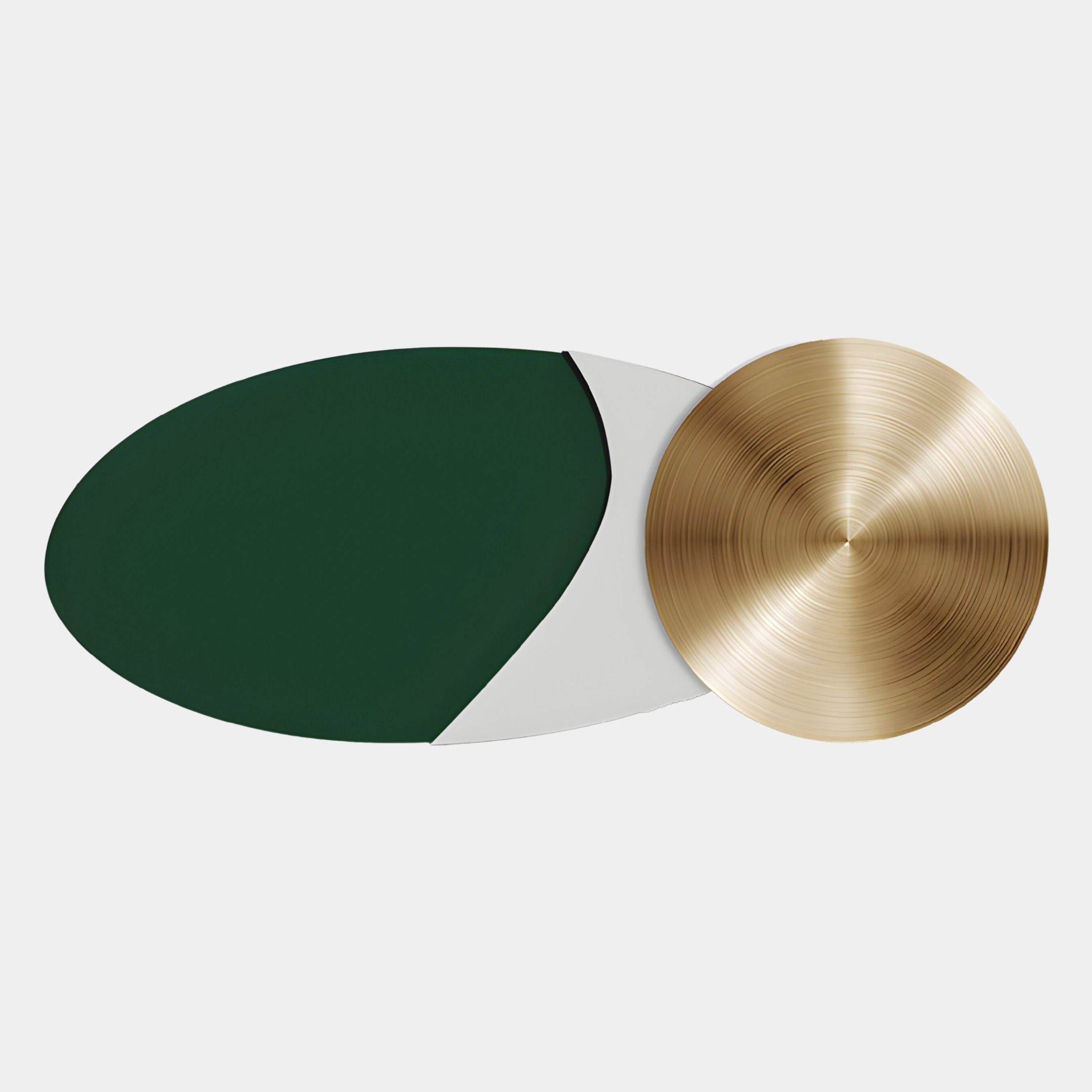 The Aurelune Green & White Gold Metal Disc 3D Wall Art by Giant Sculptures features a large dark green oval, a small white segment, and a gold metallic disc with radial texture overlapped on a sleek white background.