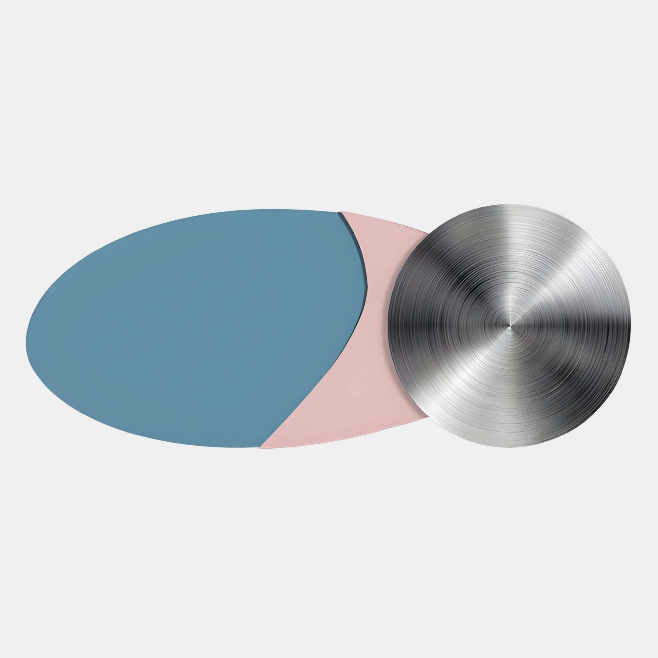 The Giant Sculptures Aurelune Blue & Pink Silver Metal Disc 3D Wall Art features a large blue oval, pink crescent, and brushed silver disc for striking modern geometric décor that enhances any white-walled space.