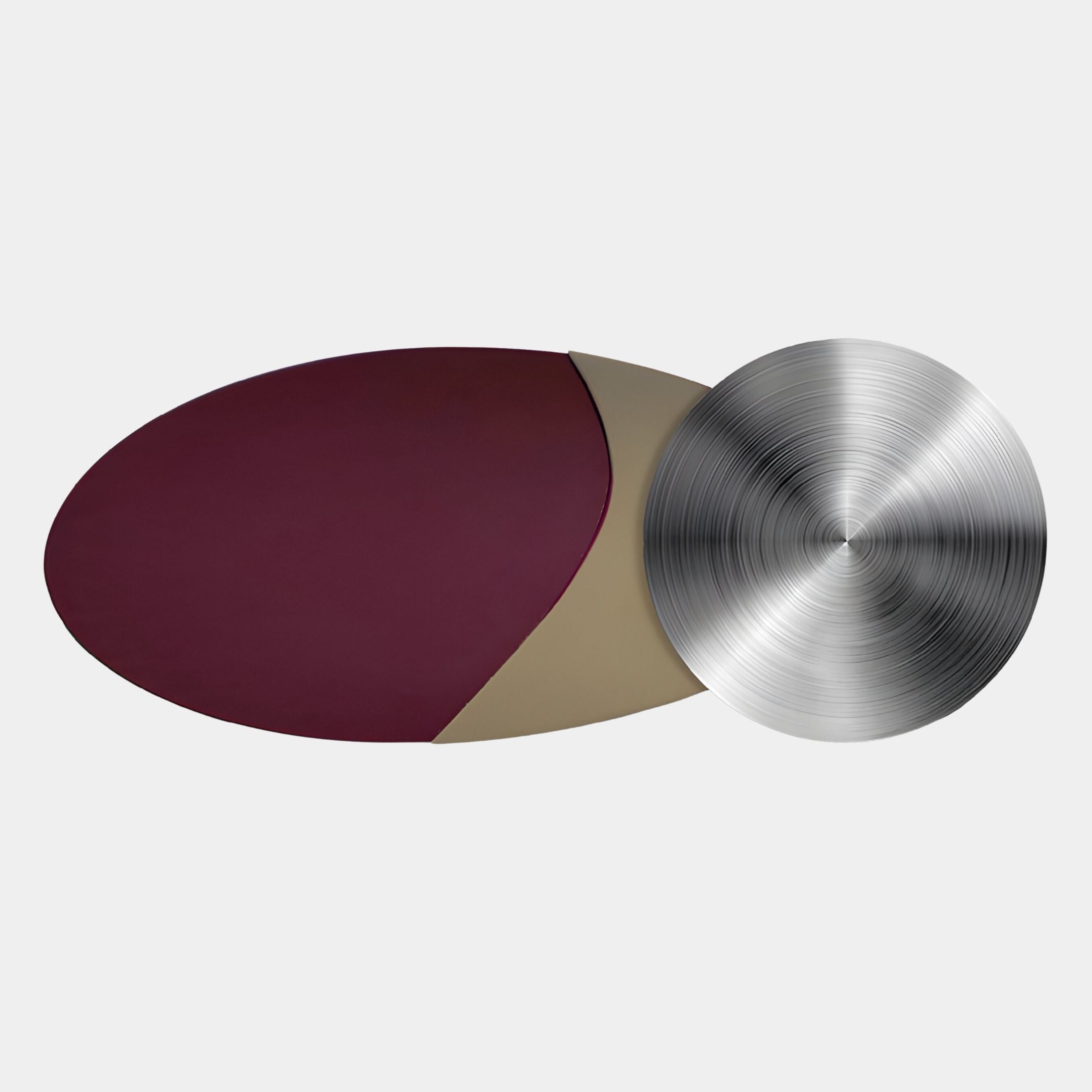 The Aurelune Burgundy & Taupe Silver Metal Disc 3D Wall Art by Giant Sculptures features an abstract modern design with burgundy, beige, and metallic silver discs on a light gray background.
