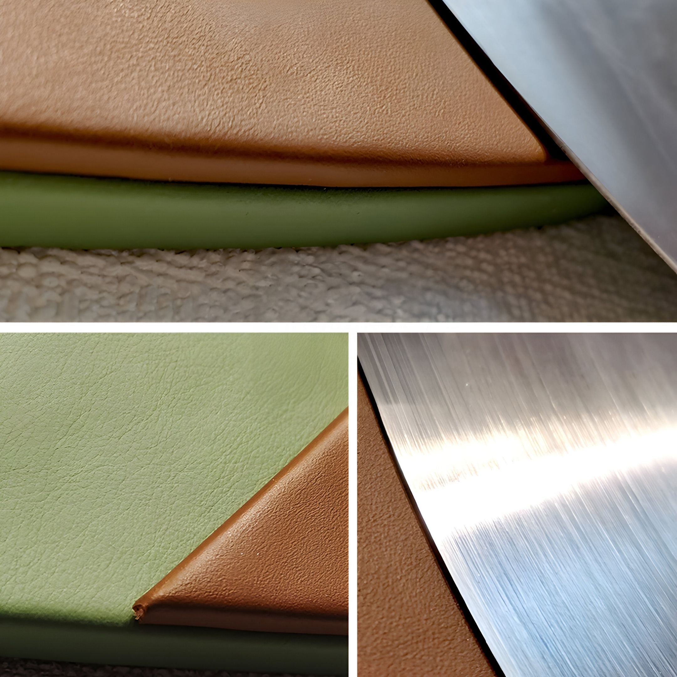 A collage shows close-ups of tan and green material, with a shiny blade nearby, highlighting the refined texture and precision cutting found in the Aurelune Olive & Brown Silver Metal Disc 3D Wall Art by Giant Sculptures.