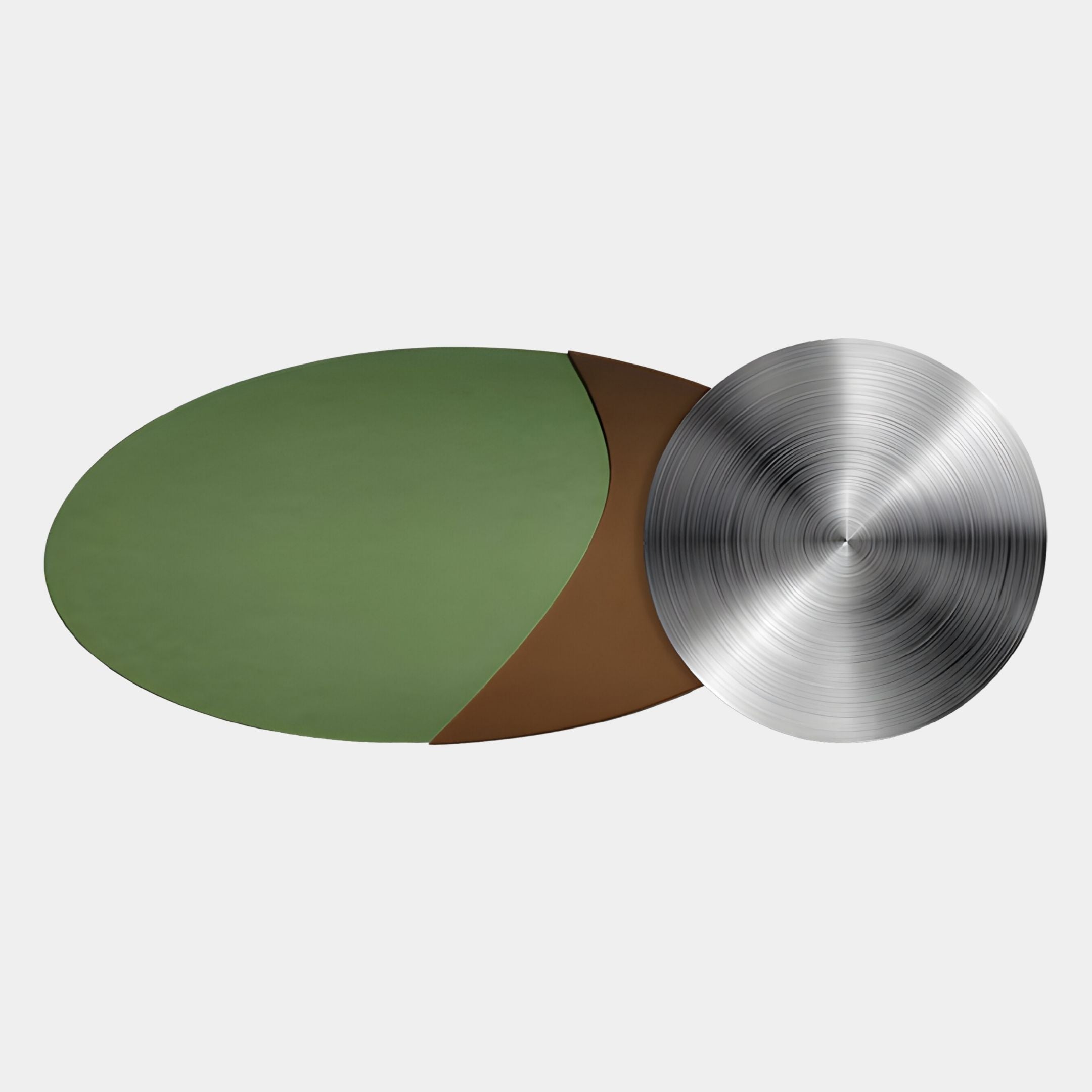 The Aurelune Olive & Brown Silver Metal Disc 3D Wall Art by Giant Sculptures features a large green oval, a smaller brown curve, and a metallic disc with concentric patterns—creating striking visual interest on any plain white wall.
