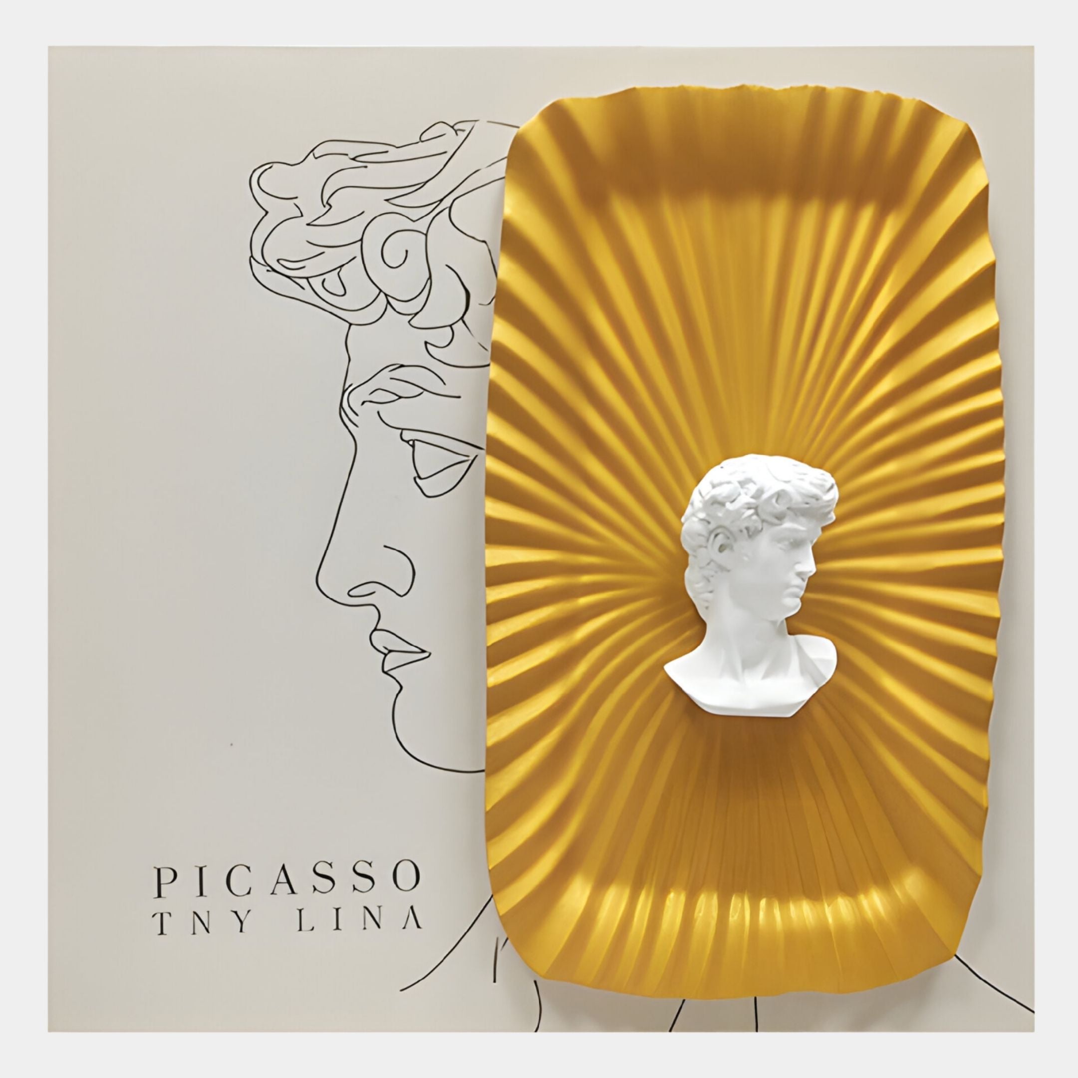 The Castellune Gold Radiant Classical Bust 3D Wall Art by Giant Sculptures features a white classical male bust on a gold textured tray with black line art—an elegant modern décor piece for your wall.