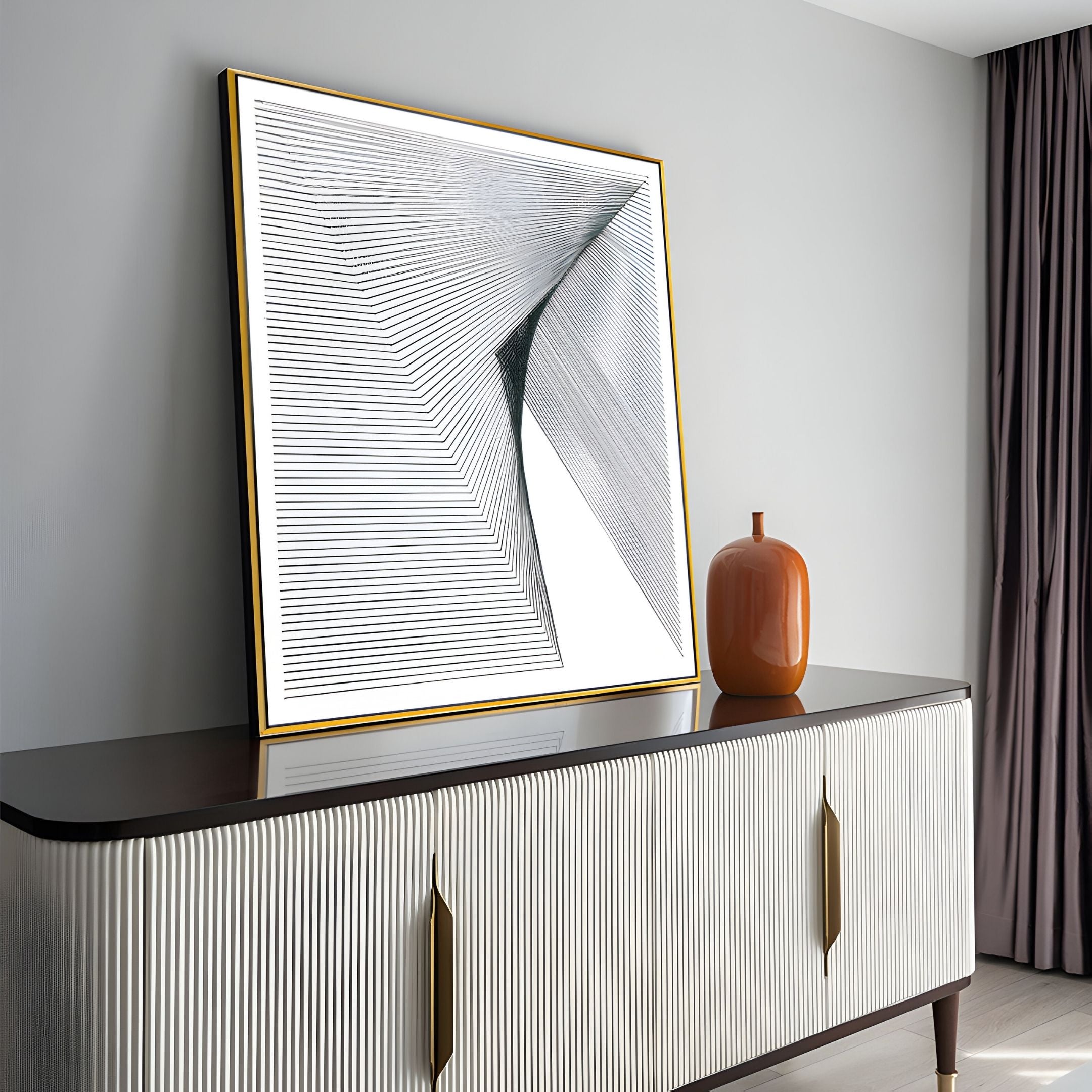 A sideboard with gold handles displays the Giant Sculptures LineaFlux Deep Teal Thread Warp Geometric 3D Wall Art and a brown ceramic vase. Gray walls and floor-length curtains finish this modern, minimalist room.