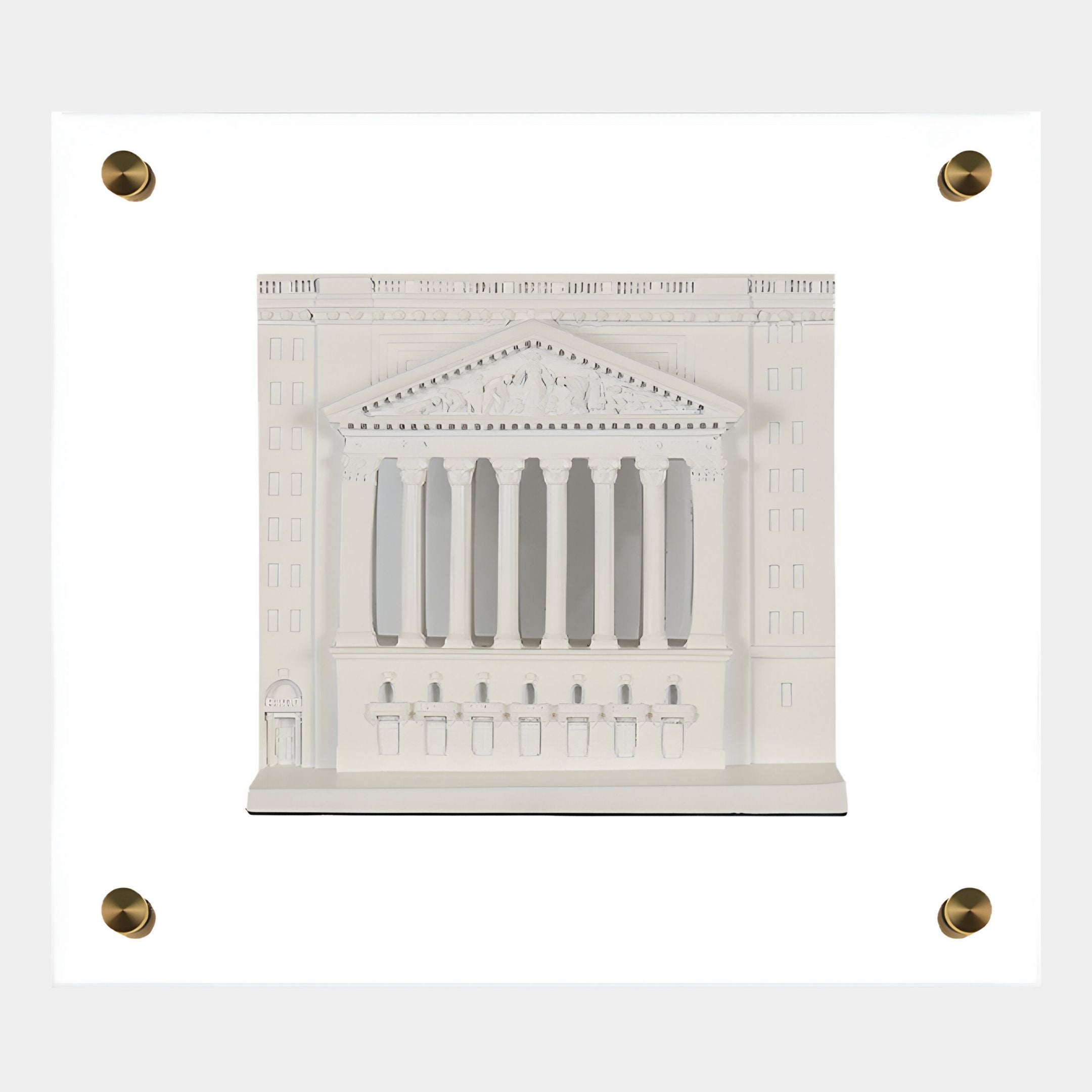 The Capitolique White Classical Facade 3D Wall Art by Giant Sculptures showcases a neoclassical building with columns in a white frame with four gold corner studs, creating a striking sculptural wall piece against a plain backdrop.