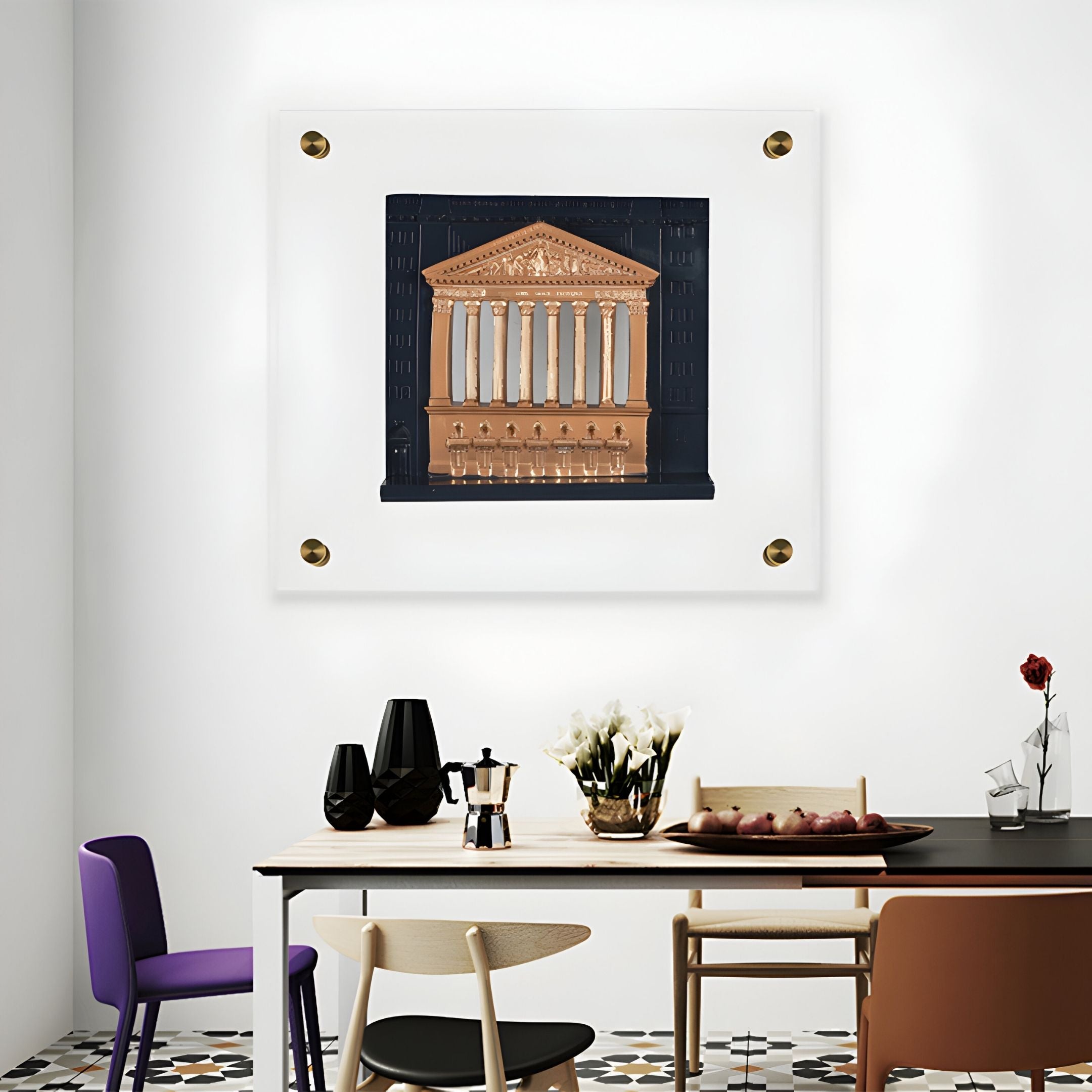 A modern dining area with a black table, assorted chairs, a coffee maker, and a vase of flowers features Giant Sculptures’ Capitolique Copper & Black Classical Facade 3D Wall Art on a white wall.