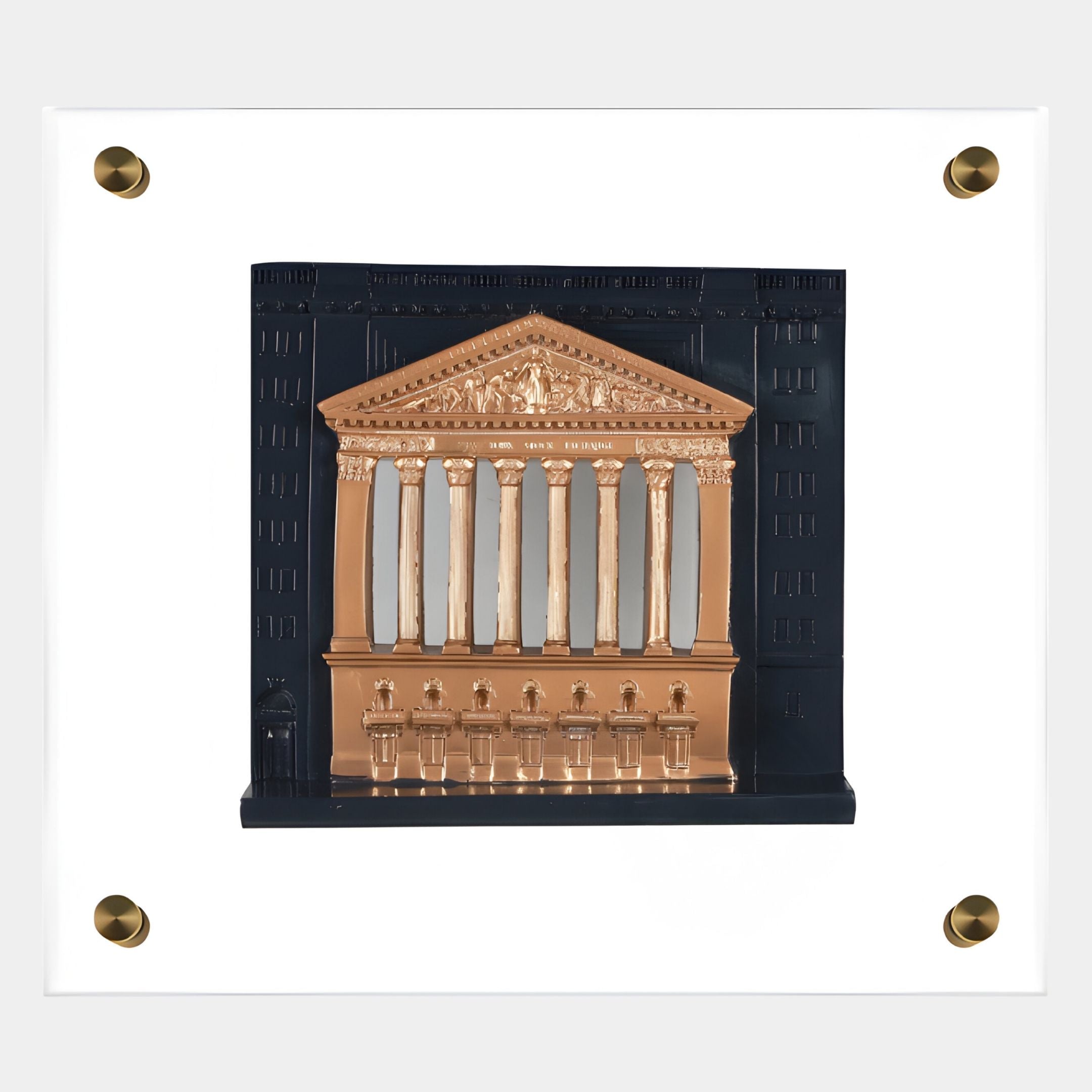 The Capitolique Copper & Black Classical Facade 3D Wall Art by Giant Sculptures features a metallic gold relief of a classical building with tall columns, set against a dark background and mounted on a white mat with gold corner studs.