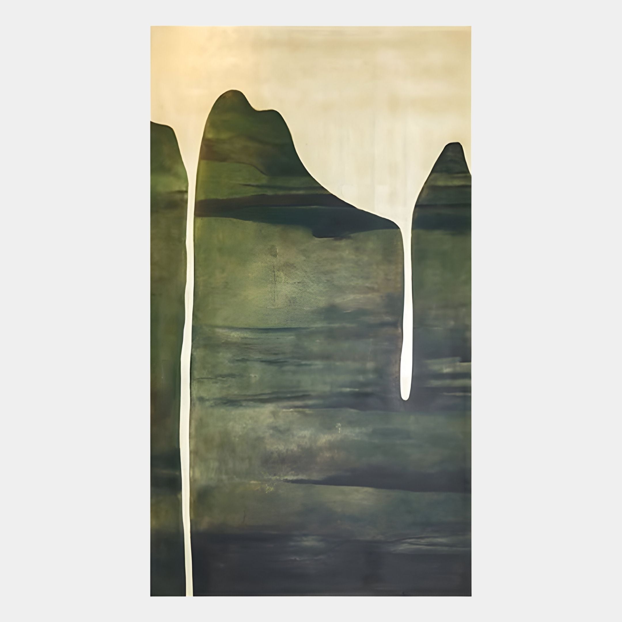 Seralyon Green Drip Peak Vertical Canvas Wall Art by Giant Sculptures features three dark green and black vertical forms like mountain peaks on a light beige background with a unique dripping effect, ideal for contemporary Nordic decor.