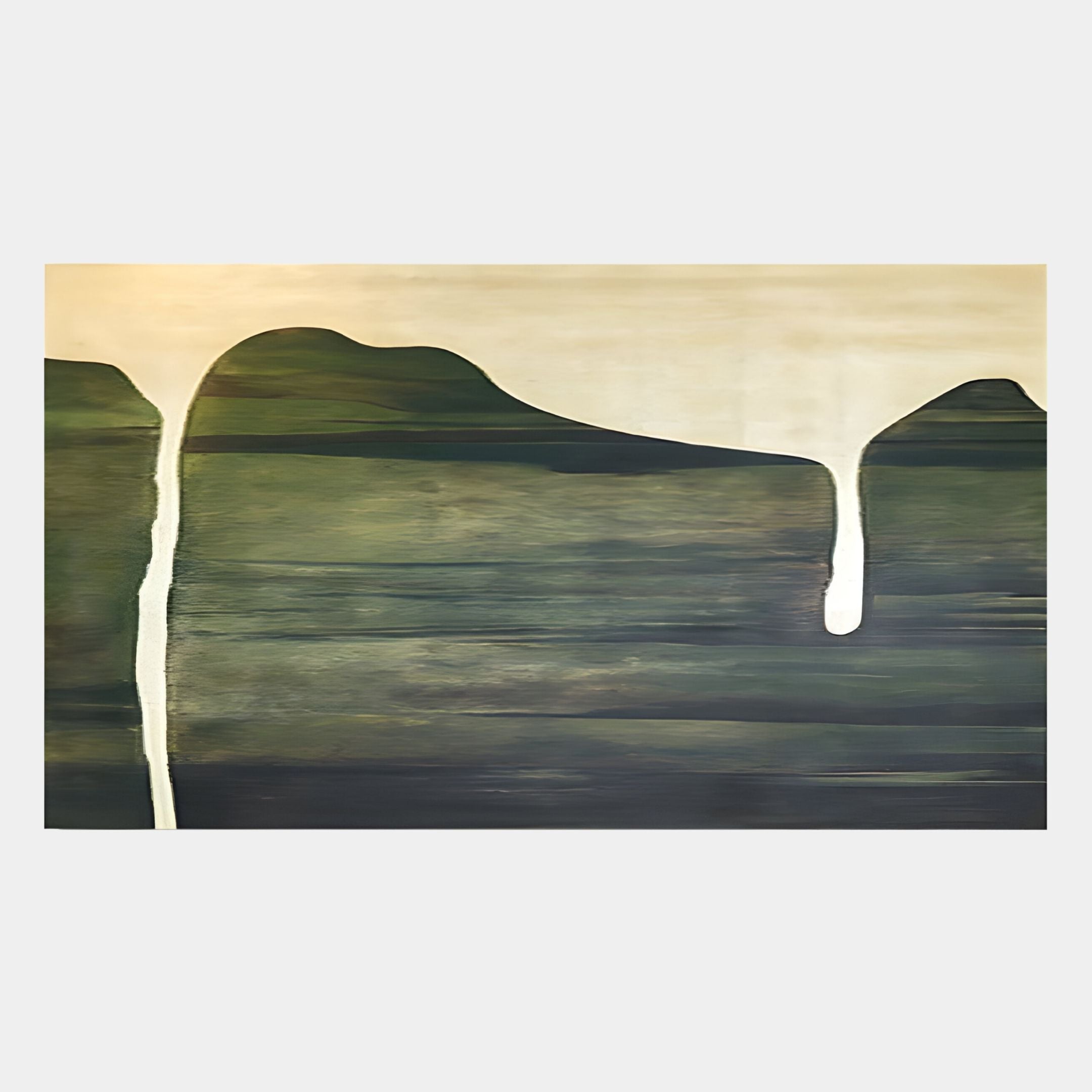 The Seralyon Green Drip Peak Wide Canvas Wall Art by Giant Sculptures features earthy green and brown tones with large dark shapes and creamy white paint drips, creating a flowing, organic Nordic-inspired effect.