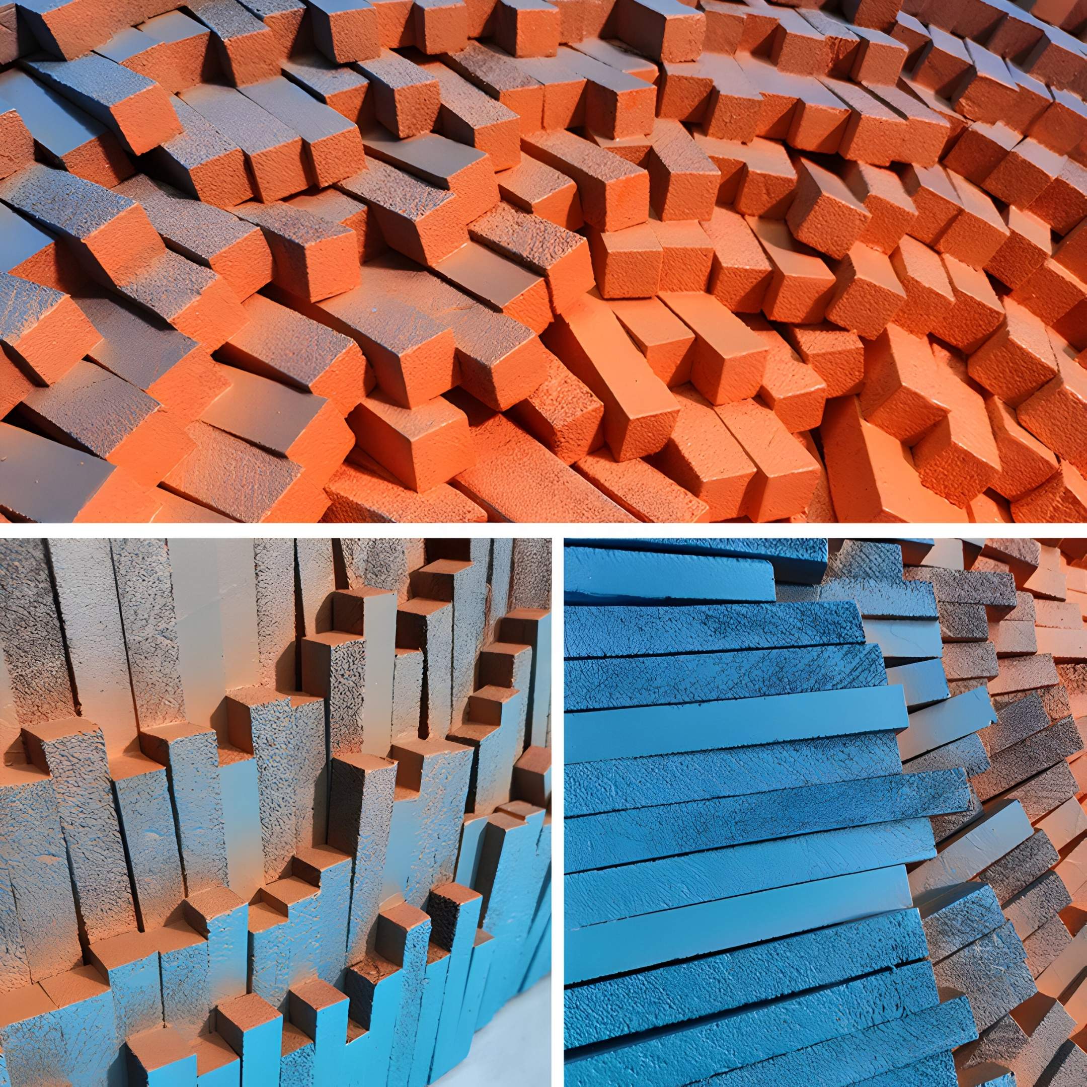 Heliox Azure Radiance Sculptural 3D Wall Art by Giant Sculptures features curved stacks of orange and blue blocks, forming bold geometric patterns with dynamic depth for a striking wall decor statement.