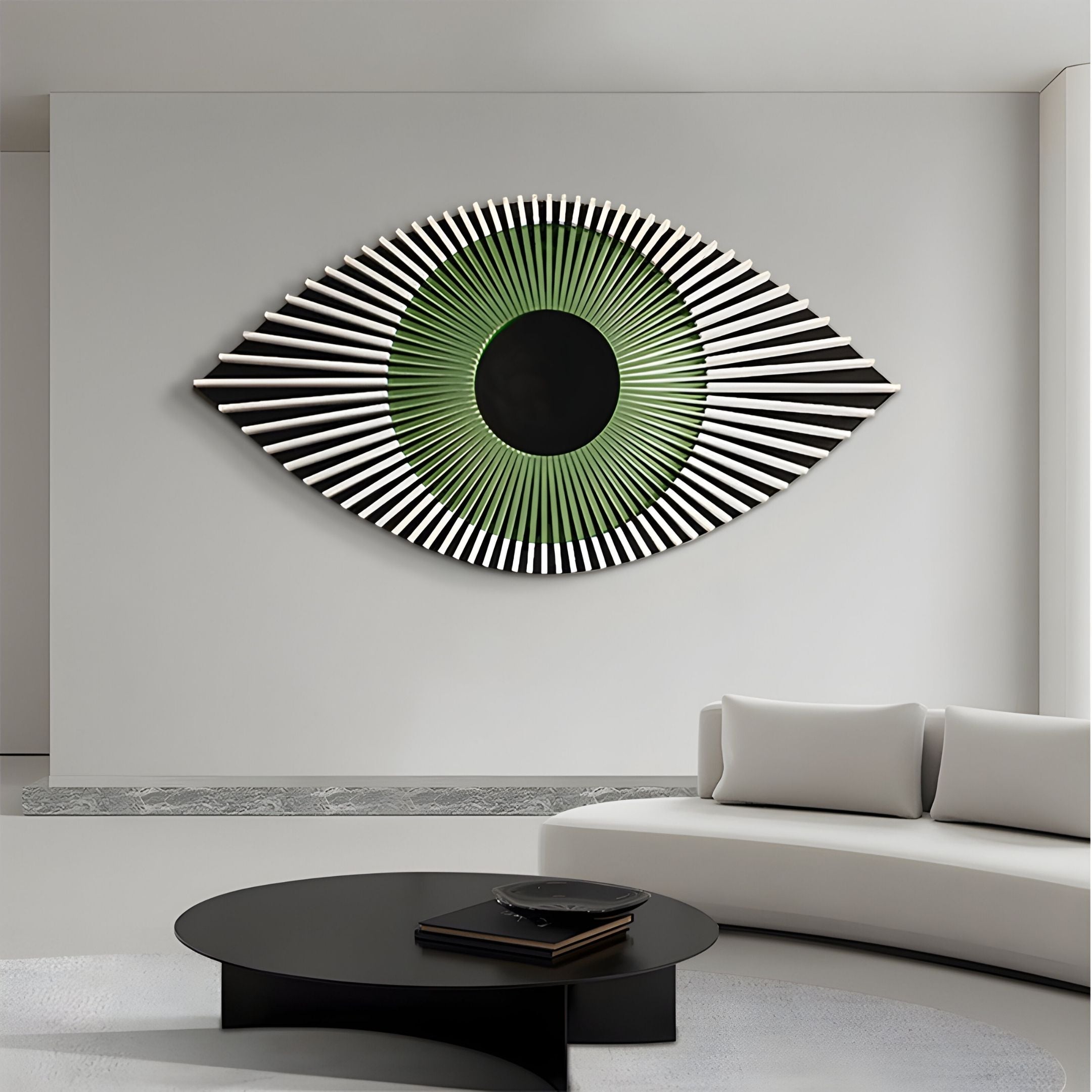A modern living room features a white sofa, black coffee table, and the Aurevion Green Radiant Eye 3D Wall Art by Giant Sculptures—radiating black and white lines elevate the minimalist, monochrome space with striking contemporary decor.