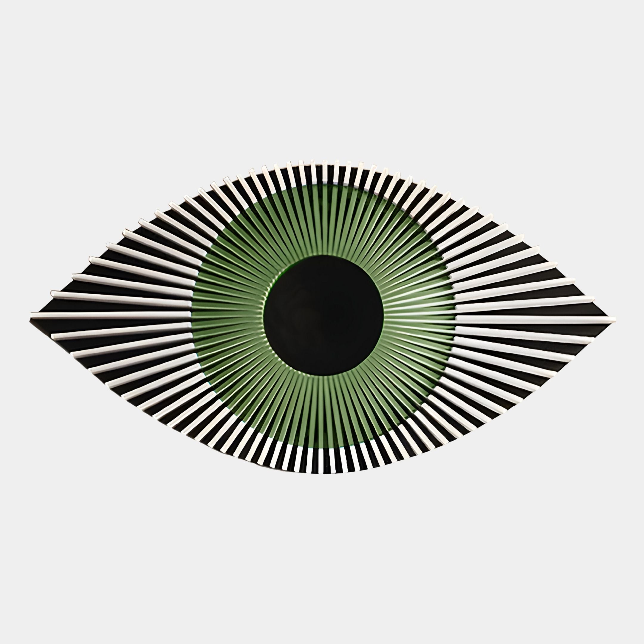 The Aurevion Green Radiant Eye 3D Wall Art by Giant Sculptures features a black center with green and white rays forming an almond shape on a light gray background—ideal as modern geometric decor for any space.