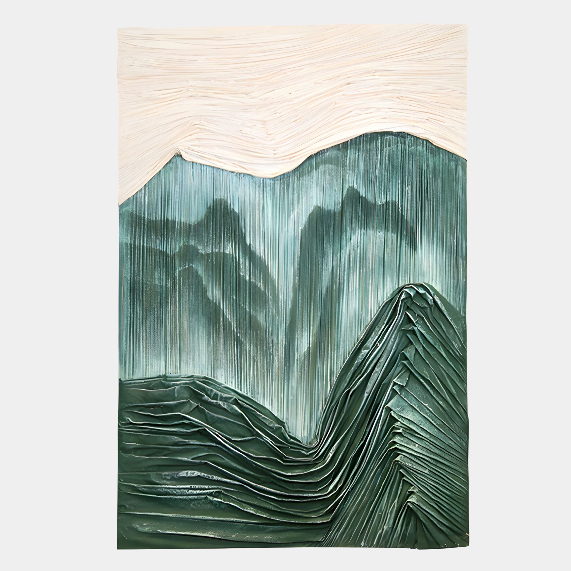 The Terralune Green Layered Ridge 3D Wall Art by Giant Sculptures features textured green mountains and a pale sky, crafted with layered ridges for a sculptural, three-dimensional landscape effect.