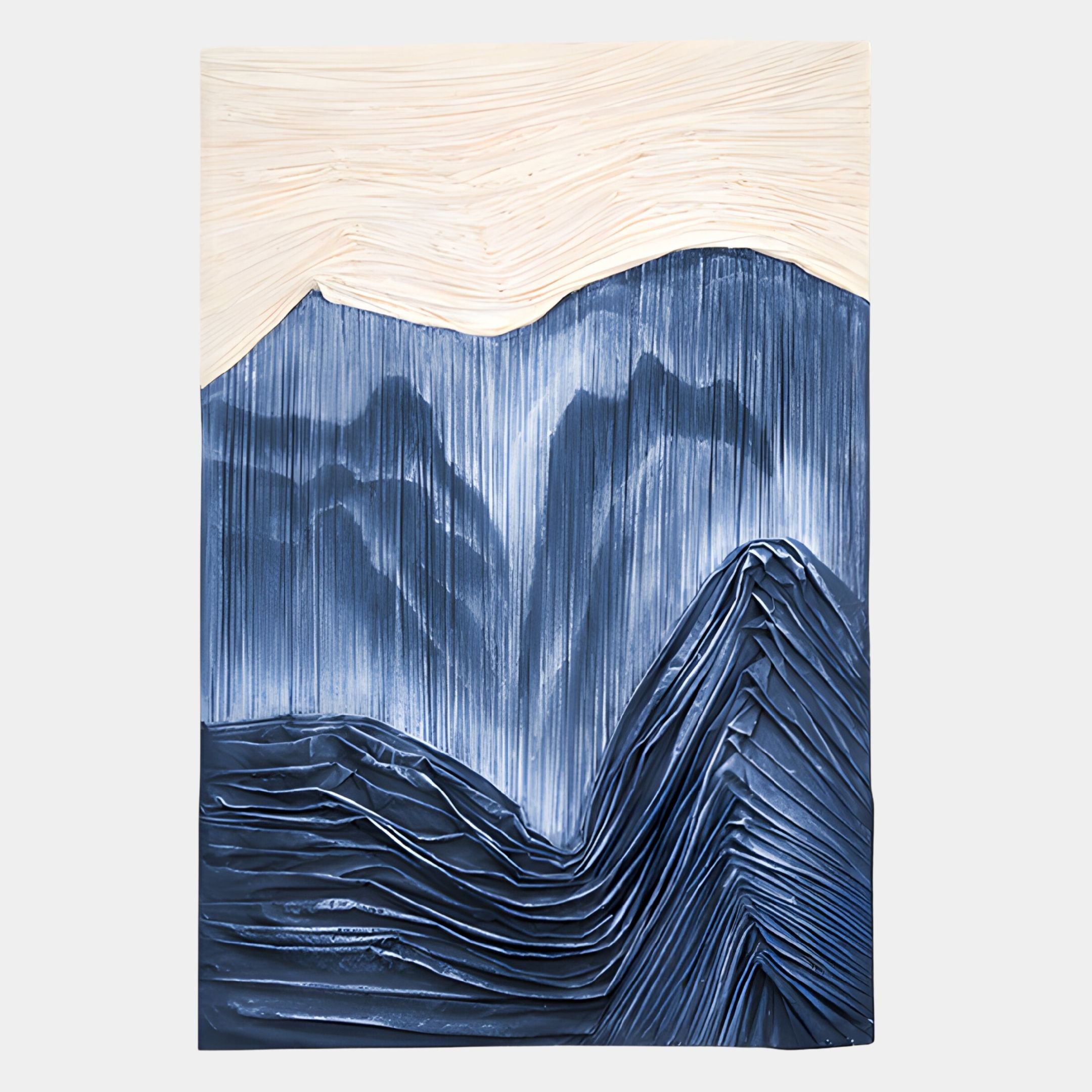 The Terralune Blue Layered Ridge 3D Wall Art by Giant Sculptures features textured blue and white layers with sculpted ridges, evoking mountain landscapes—perfect as dimensional wall art for your space.