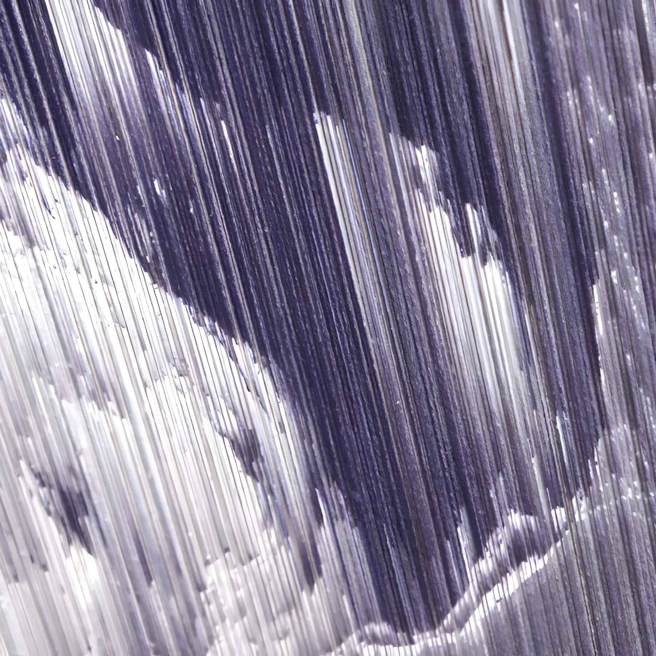 Aerolune Violet & Silver Mistform Rope 3D Wall Art by Giant Sculptures features thin, vertical metallic strings with silver and deep blue patterns, evoking abstract clouds or waves—ideal modern textured wall art.