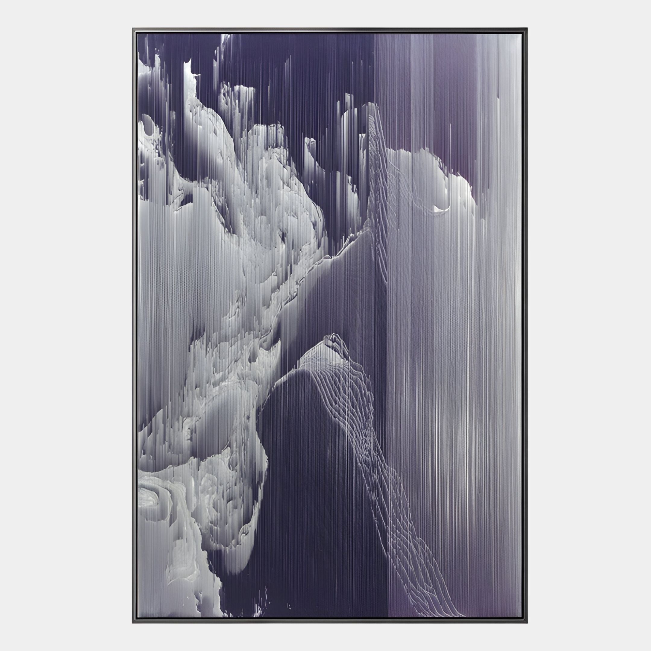 The Aerolune Violet & Silver Mistform Rope 3D Wall Art by Giant Sculptures features abstract vertical lines and gradients in white, gray, and deep blue, with a textured, wave-like design. Elegantly framed in black.