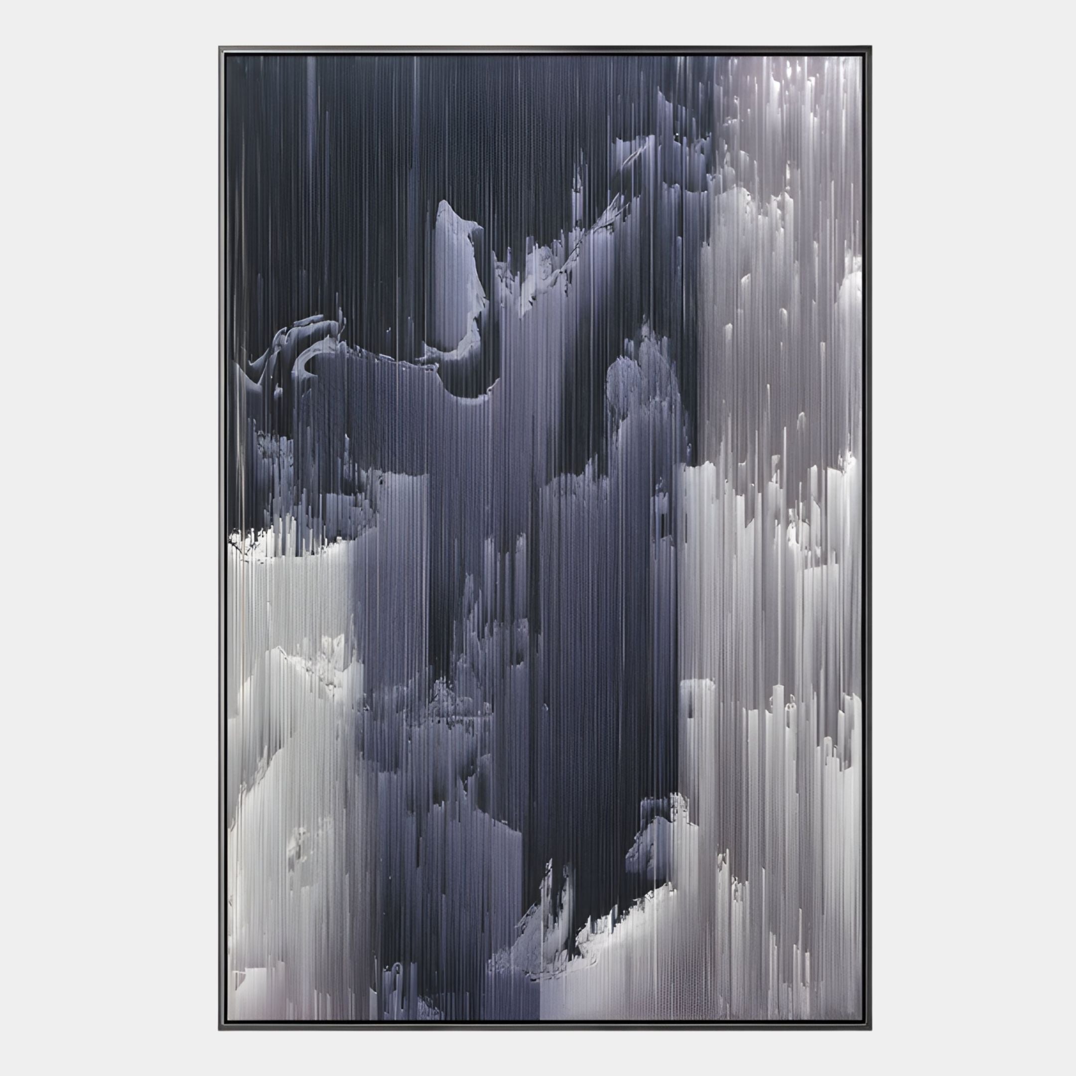 The Aerolune Grey & Silver Vertical Drift Rope 3D Wall Art by Giant Sculptures features abstract vertical streaks in grey, black, and white with a blurred effect, evoking movement, all framed with a slim black border.