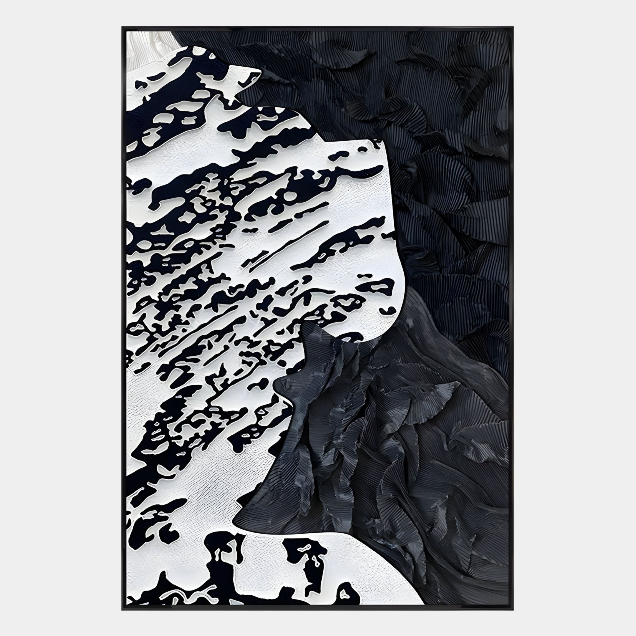 The Nivoria I Black & White Textured Abstract 3D Wall Art by Giant Sculptures features dynamic wavy patterns, light tones on the left fading into darker, layered shapes on the right, creating striking contrast and movement.