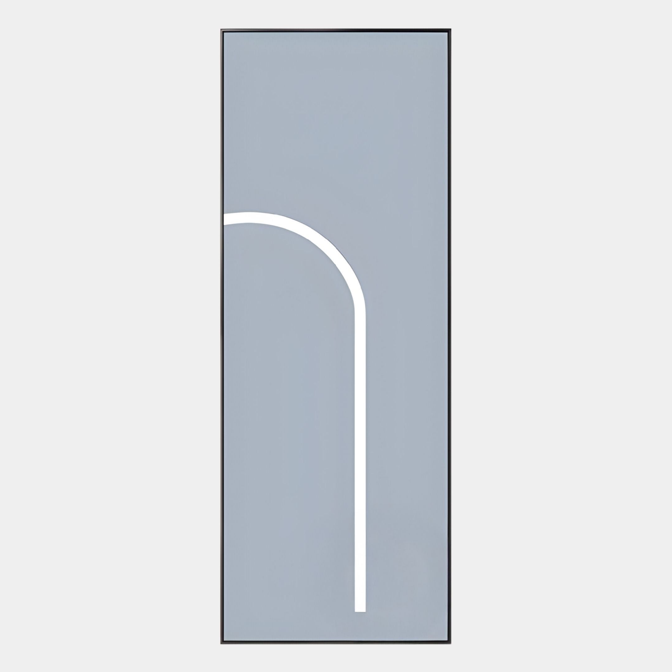 The Giant Sculptures Luminarch Soft Blue Curve LED Minimalist Wall Art features a sleek light gray background with a thin white curved line, vertically framed in black—perfect for adding modern style to your wall decor.