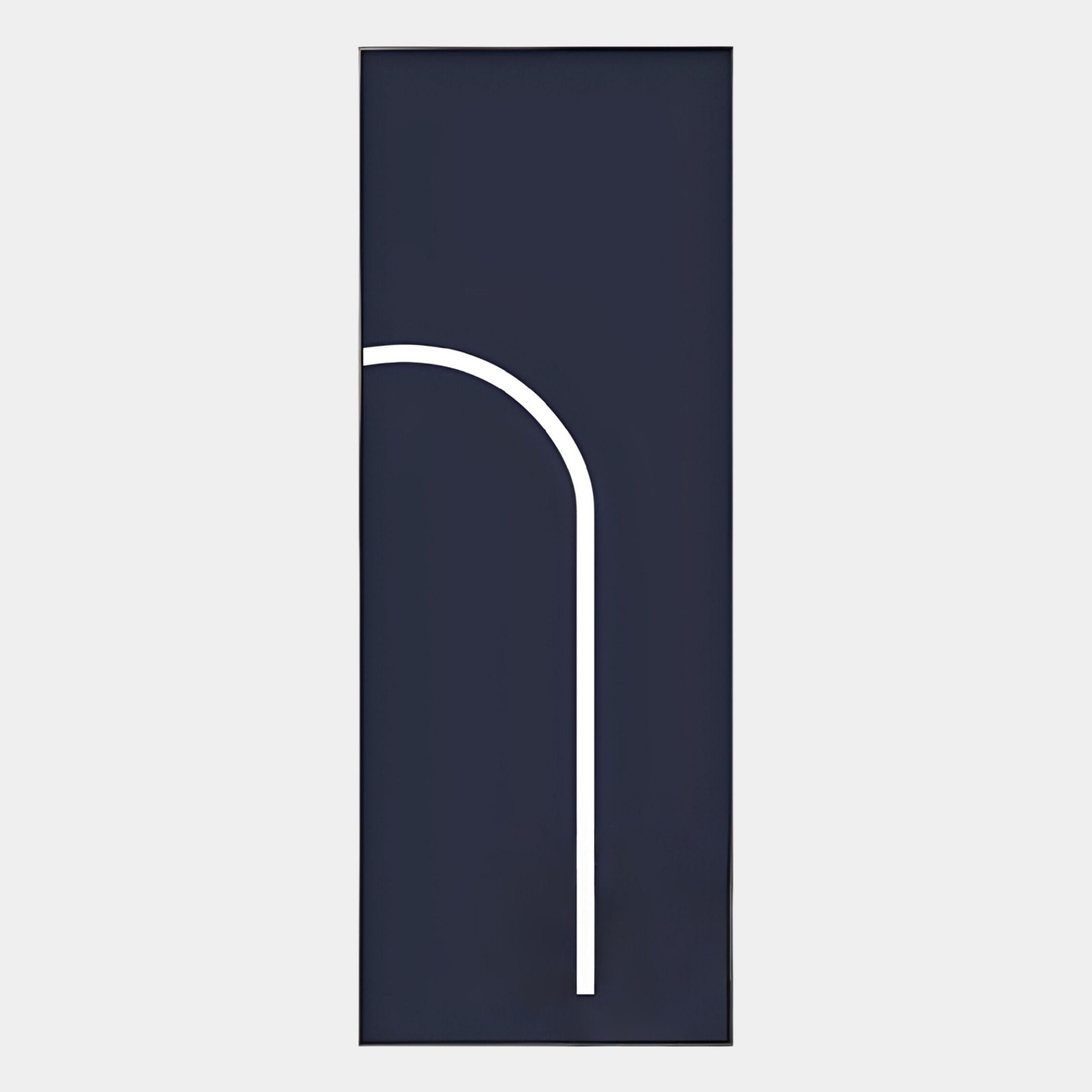 The Luminarch Navy Curve LED Minimalist Wall Art by Giant Sculptures showcases a dark blue rectangle with a slim white arching line, creating sleek modern decor against a plain backdrop.