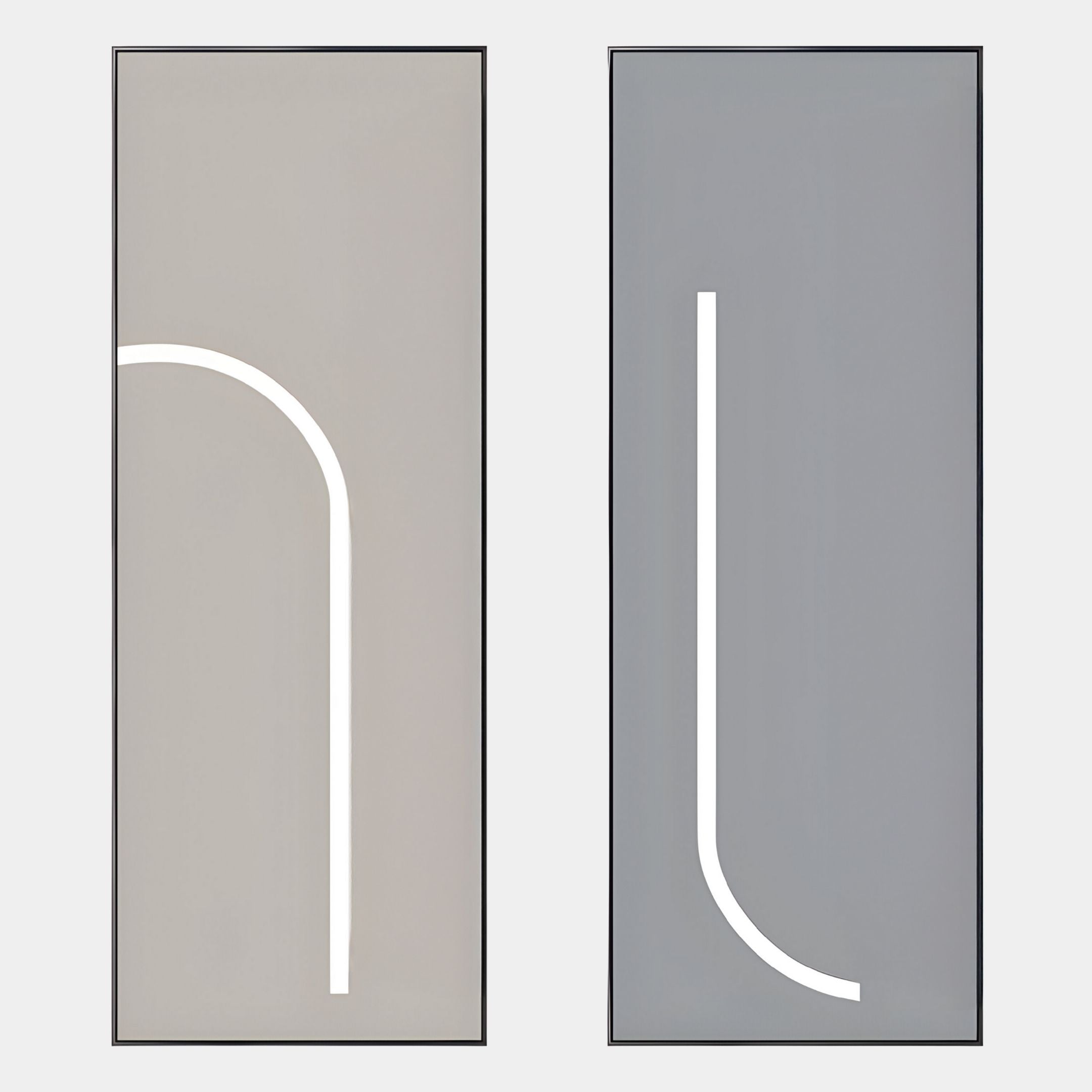 The Luminarch 2-Set Taupe & Grey LED Minimalist Wall Art by Giant Sculptures features two panels: taupe with a white curved line and grey with a white vertical line, both framed in slim black—ideal for contemporary interiors.