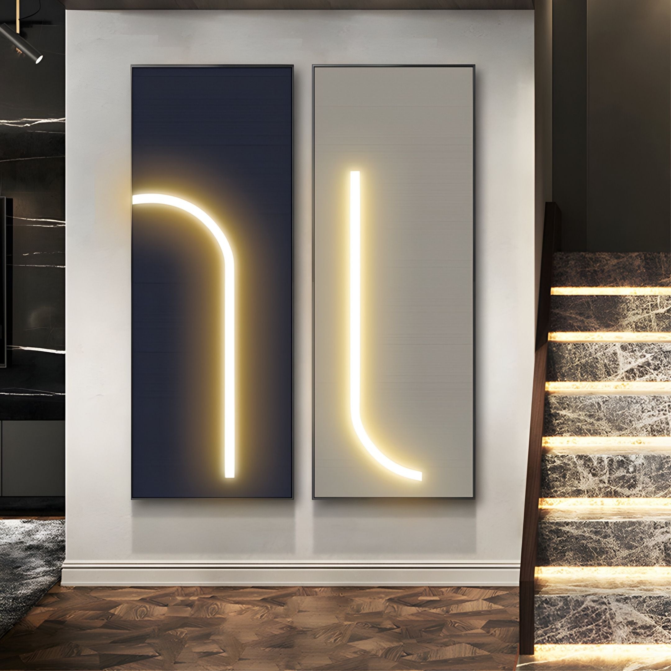 The Luminarch 2-Set Navy & Beige LED Minimalist Wall Art by Giant Sculptures features modern rectangular designs with curved LED strips, mounted side by side near a staircase—ideal for enhancing contemporary interiors.