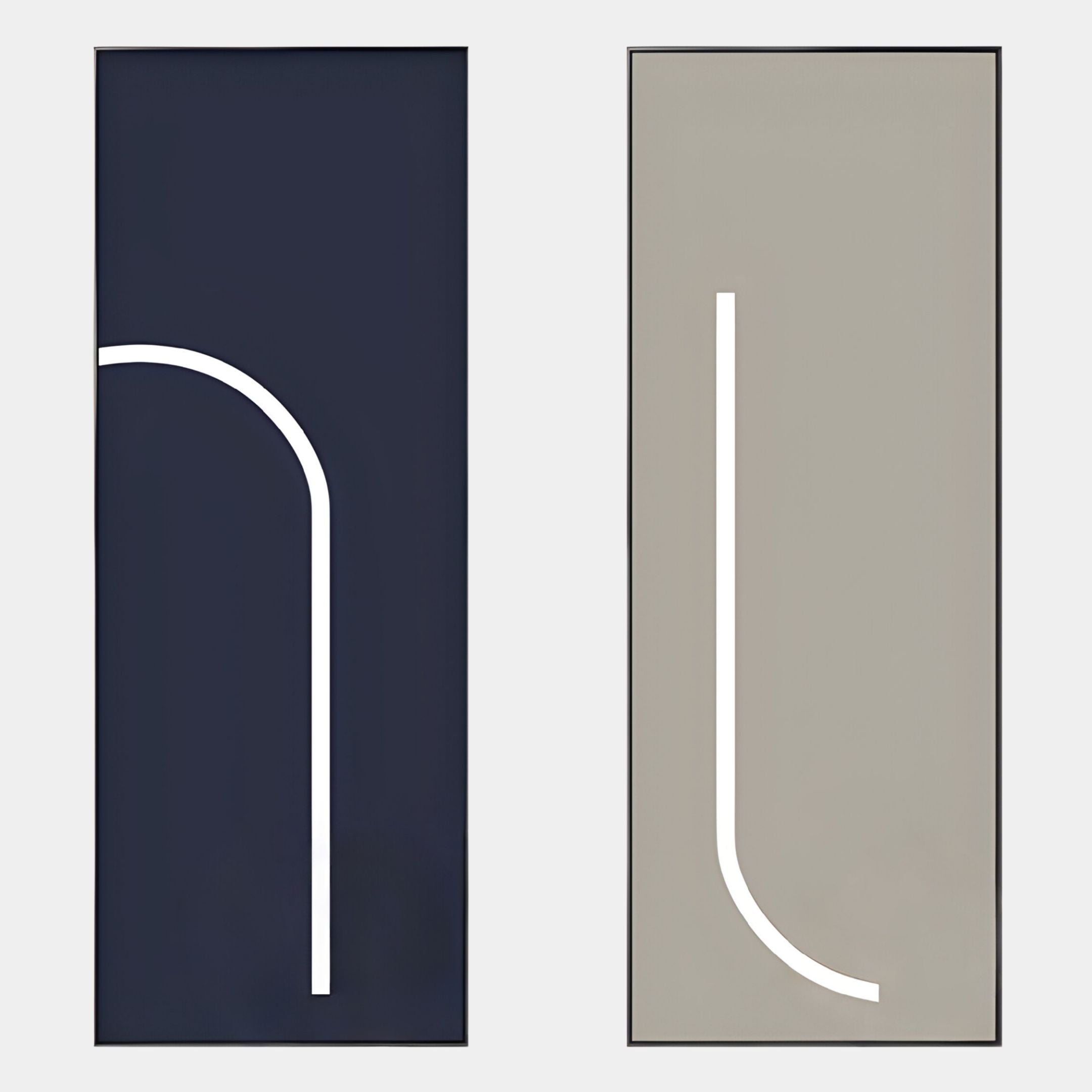 The Luminarch 2-Set Navy & Beige LED Minimalist Wall Art by Giant Sculptures features two rectangular pieces: one with a navy background and white curved line, the other in light gray with a mirrored line—perfect subtle lighting for modern interiors.