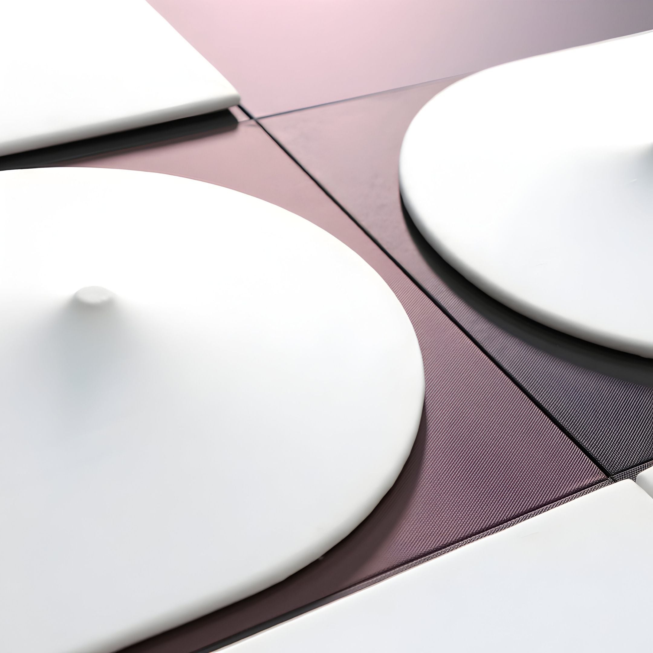 Close-up of Curventa Plum & Grey Curved Panel 3D Wall Art by Giant Sculptures, featuring raised white circles and squares on a textured plum background—a modern, abstract piece ideal for statement contemporary wall decor.